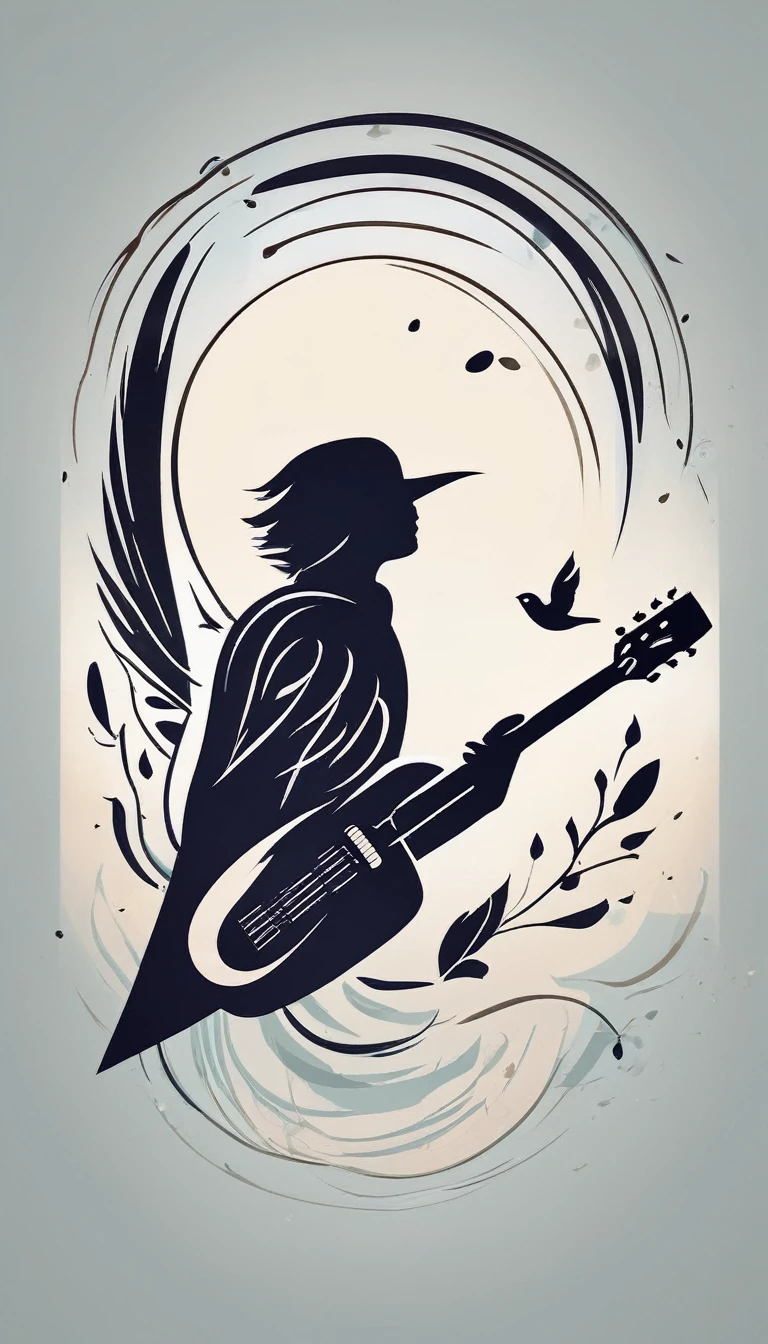 Create a cinematic image, abstract symbol for a film production company based on stories and music. The logo should represent the companionship between a boy musician, A storyteller fantasy bird, a dreamy feather, A boy and a guitar. Minimalist symbol design