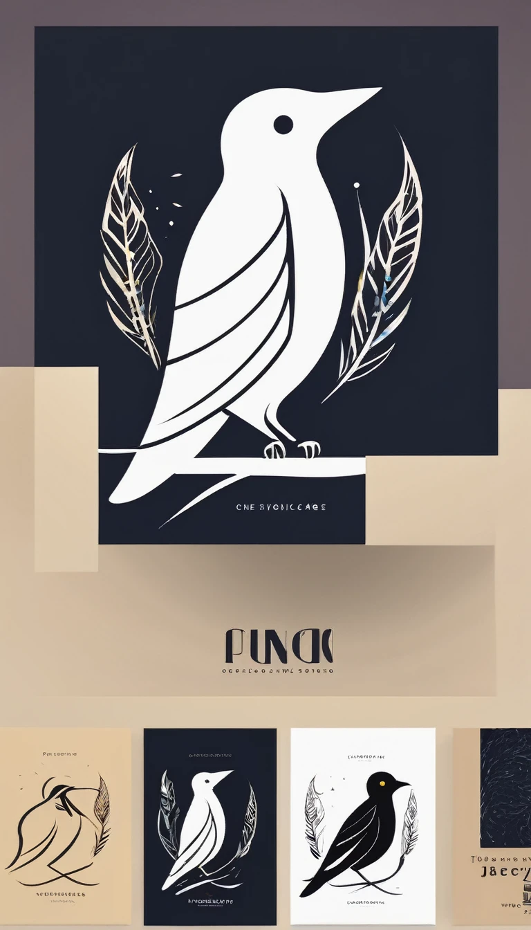 Create a cinematic image, abstract symbol for a film production company based on stories and music. The logo should represent the companionship between a boy musician, A storyteller fantasy bird, a dreamy feather, A boy and a guitar. Minimalist symbol design