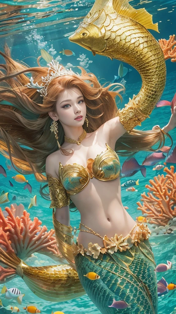 ((late pregnancy,bra wear,A detailed face,face perfect,beautiful smiling face,8K,Top image quality,the presence of scales on the arms,,Full mermaid tail,The lower body is completely the body of a fish,,the lower body is completely covered with scales,,Scales around the waist,Gradation of scales and skin,Mermaid tail,Wear the finest gorgeous bras,Wearing a bra,Her whole body,Little Mermaid,Princess,Pregnant,Very big belly,Mermaid in Japan,japanese beauty girl,Photograph the whole body,\The whole body is shown,Her whole body,Panoramic view of the tail,Whole tail)),(((From the upper arm down there are scales.,the presence of scales on the arms,,,,Beautiful blue and gold decoration,Blue and gold decoration all over the body,There are thin scales around the stomach,the presence of scales around the belly,,,,Beautiful scale gradients,Glittering scales,Realistic scale,Pearls and jewel-encrusted scales,))),((Beautiful fins,Sparkling tiara,Lots of gems,Giant Tiara,glitter makeup,Gorgeous bracelets,Gorgeous earrings,Huge necklace,Gorgeous Rings,The boundary between humans and fish is a gradation of scales and skin color,Realistic gradients of scale and skin tone,segment々Transformation of scales into a flesh color)),(((Shining water,She is swimming in the sea,swimming through the ocean,Her whole body is visible,Beautiful lots of coral and tropical fish in the background, Sunlight shines in, Hair swaying in the water,The sea sparkles like a jewel,Detailed sea, Fine shine,Glittering Sea,Glittering background)))((Big smile,Quality and beautiful face,,Perfect fingers,Perfect hands,Accurate five-finger,Smile at the camera's gaze,Perfect gas chamber,perfect white teeth,Clean teeth,Precise teeth,Colossal tits))glistning skin,pretty skin,masutepiece, （highdetailskin：1.2），8K、Ulutra HD， Digital SLR, hightquality, hight resolution
