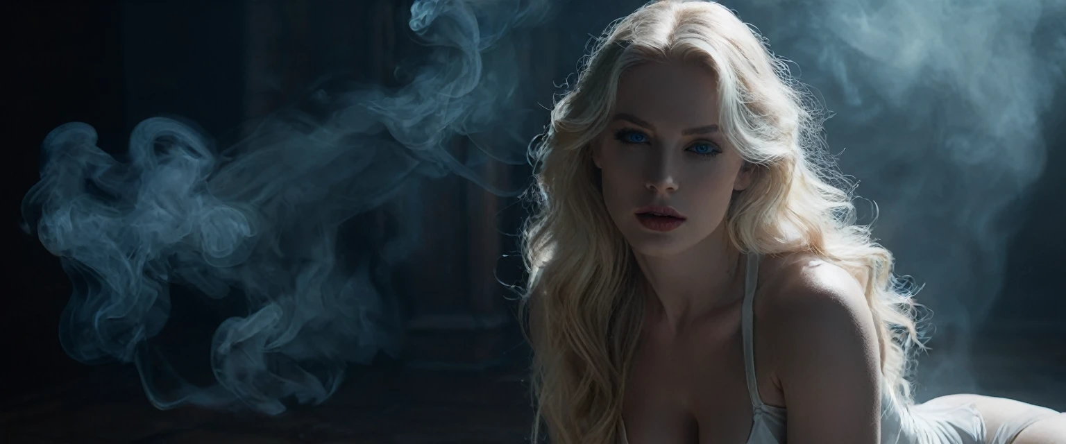 alluring blond woman with long hair, kneeling, blue eyes, pale skin, aesthetic body, hourglass figure, fit, wearing white sheer transparent clothing, sharp and delicate facial features, interplay of light and shadows, surreal, magical, mystical, generous and welcoming, (Gloomy and dark atmosphere), soft natural light, faded colours, sexy, great quality, Masterpiece, detailed fantasy background, better performance, 16k quality, HDR, RAW photo. The dramatic lighting, inspired by chiaroscuro, creates a cinematic atmosphere, with deep shadows and highlights that evoke a moody, gritty, and dark gothic ambiance. [The character is surrounded by mist, she is holding her breasts, evoking a mysterious and eerie atmosphere. The lighting is dark and atmospheric, with a red smoke adding a touch of sinister ambiance. The image is of the best quality, with a resolution of 4k and HDR enhancement, showcasing the utmost level of detail and realism, sfw, full body shot.]. [8K, Best Quality, Masterpiece, Ultra High Resolution, (highly detailed CG unity 8k wallpaper), (best photo), (best shadows), isometric 3D, octane rendering, ray tracing, highly detailed, (Best quality, 4K, 8k, A high resolution, masterpiece:1.2), absurdity, ultra detailed, (realistic, photorealistic, photorealistic:1.37), complex parts, HDR, (complex parts:1.12), (hyper detailed, hyper realistic, Soft lighting, spicy:1.2), (complex parts, Hyper detailed:1.15). Blurred foreground. (backlit), realistic, masterpiece, high quality, brightness, chromatic aberration, 8k uhd, some smoke, shadows, contrast, clear sky, (warm hue, warm tone), high details, natural reflections].