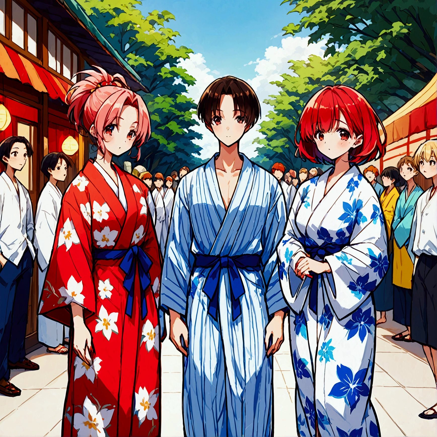 Standing in a summer yukata、Elegant yukata、yukata、Kimono of the common people、Colorful yukata、Japanese summer yukata、Japanese classic summer cute yukata、Red yukata with floral pattern、Summer festival style