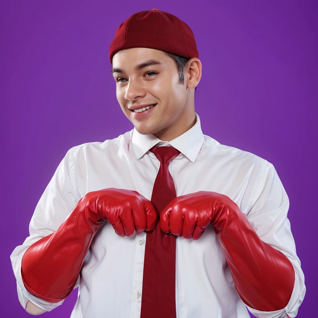 This image features a black young man in a playful pose, wearing a white dress shirt, a striped red and white tie, and a dark red cap. His hands are covered with oversized red boxing gloves. He's playfully fixing his tie with a smile, suggesting a fun or humorous context. The purple background adds a vibrant contrast to his attire and accessories.аffects render, (glossy plastic texture with multiple big light probe refractions), perfect cgi, smooth silhouette, high intensity refraction, (super glossy plastic material), most beautiful vfx, , realistic, 4k, high resolution, rim light, smooth 3d model, multiple light sources, rim light, sharp post effects render,, realistic, 4k, high resolution, rim light detailed digital art, reflective, best quality, 4k, masterpiece:1.2, ultra-detailed, realistic, vivid colors, The image of the highest quality, ensuring every detail showcased perfectly. It in 4k resolution, allowing viewers to immerse themselves in the richness of the colors and intricate details. The realistic rendering. under the spotlight, reflecting, high-resolution image, realistic rendering