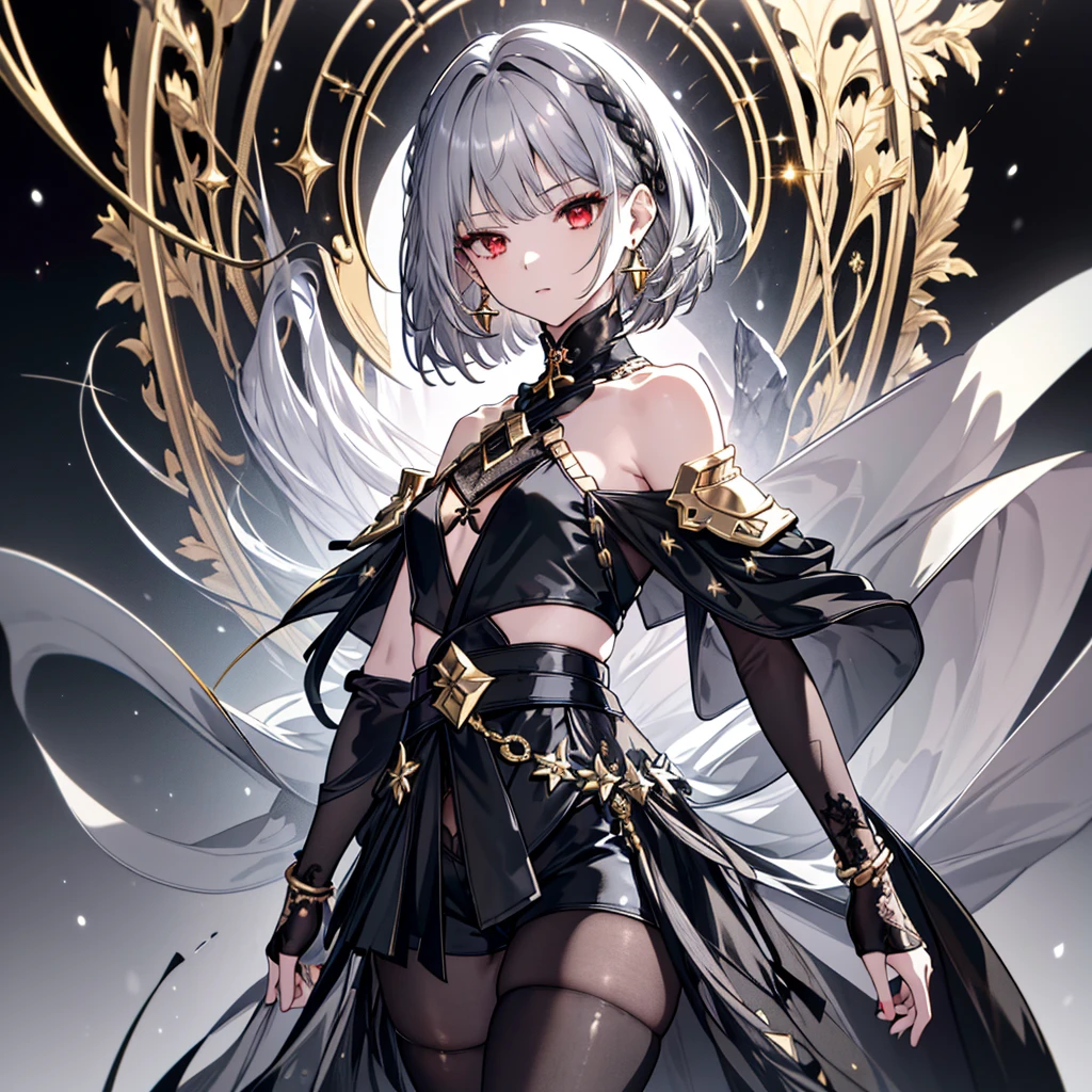 8k,High resolution RAW color art,Anime Art,Silver Marble Skin, (((Very detailed and cool))), Detailed skin, Blur、texture,(Exquisitely crafted, The finer details, Ultra-detailed art), (((1 girl))), Depth of written boundary, Silky Touch, Hyper Detail, (((Cool face))), eye shadow、Armed women, Beautiful detailed red eyes, Beautiful lip detail, Highly detailed face, Delicate depiction of hair and eyes, Detailed Fashion, Golden earrings,Full body depiction, Black half top、(((Shoulder Bare)))、Black shorts、Waist Cloak、black tights、Golden decoration, Shiny grey hair, Golden bracelet, Straight Hair、Short Hair、(((Hair)))、Simple Background、(((Black theme)))、snow、look down、cloth、Clear face、Diagonal orientation