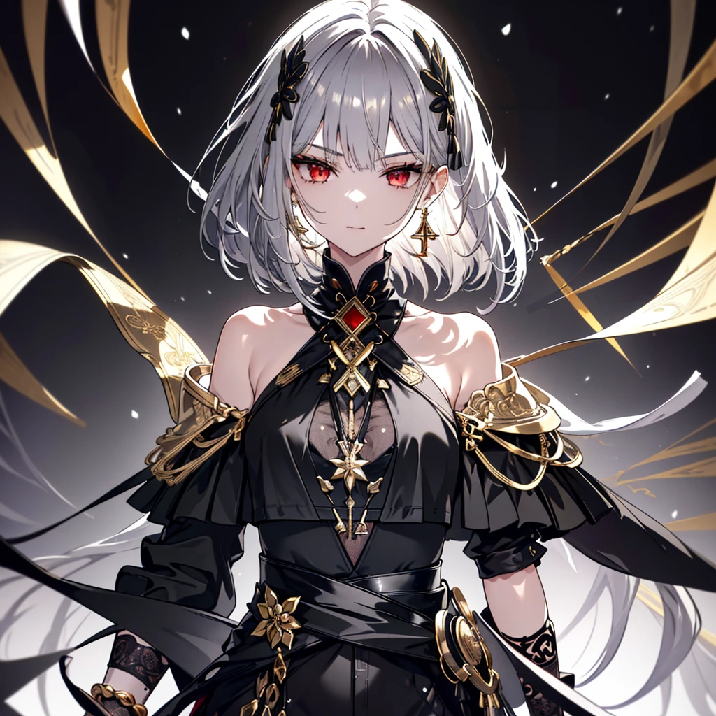 8k,High resolution RAW color art,Anime Art,Silver Marble Skin, (((Very detailed and cool))), Detailed skin, Blur、texture,(Exquisitely crafted, The finer details, Ultra-detailed art), (((1 girl))), Depth of written boundary, Silky Touch, Hyper Detail, (((Cool face))), eye shadow、Armed women, Beautiful detailed red eyes, Beautiful lip detail, Highly detailed face, Delicate depiction of hair and eyes, Detailed Fashion, Golden earrings,Full body depiction, Black half top、(((Shoulder Bare)))、Black shorts、Waist Cloak、black tights、Golden decoration, Shiny grey hair, Golden bracelet, Straight Hair、Short Hair、(((Hair)))、Simple Background、(((Black theme)))、snow、look down、cloth、Clear face、Diagonal orientation