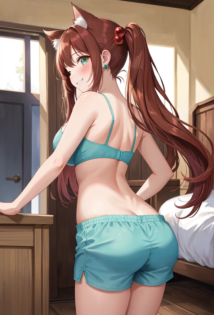A beautiful girl walking with her phone, anime girl, inside the house, from behind, brown hair, gradient hair with red tips, long hair, twintails, wavy hair, asymmetrical bangs, shiny hair, cat hair ornament, aqua eyes, glowing eyes, one eye closed, pupils sparkling, earrings, grin, blush, seductive smile, big rounds breasts, wiggles her hips, shows her back, from behind, from below, nice and round buttocks, full body, dolphin shorts, pink camisole, high detail, anime, anime style, chiaroscuro, framed, pov, wide shot, panorama, atmospheric perspective, Wide-Angle, 85mm, Sony FE, 8k, super detail, UHD, retina, masterpiece, accurate, anatomically correct, textured skin, highres, best quality, 16k