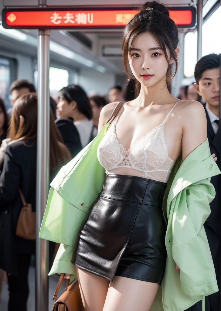 Diffuse lighting、 Highest quality, High resolution, unity 8k wallpaper、Supersaturation, Japanese、1 female、23age、(masterpiece), Highest quality, Highest quality, Detailed and complex, whole body, High resolution, (16age),Very detailed_eye, Sexy Breasts, (eyeliner:0.5),(blush:0.5), Detailed skin, Displaying the viewer, A light smile, crowded train、Commuting rush hour、Riding a crowded train、Standing holding onto a strap、Wearing a suit、 (Zhou Haoguang:1),(Structure of the film:1.3), (Highest quality, High resolution, Realistic, original, 8k,masterpiece, ),Highest quality, masterpiece8k.High resolution. High Rib:1.2, Film Grain, Blurred Bokeh:1.2, Lens flare, (Bright colors:1.2), (delicate),