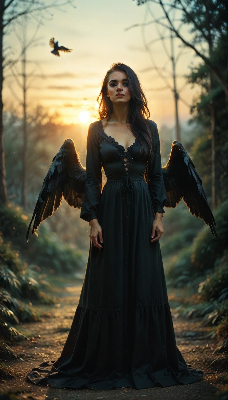 masterpiece, best quality, movie still, 1girl, monstergirl, crow woman, full body, portrait, detailed (eyes), long (hair), perfect body, proportional body, crow wings, deep look, wearing (long dress and pants), close-up, cold soft lighting, sunset, (aura:0.7)
