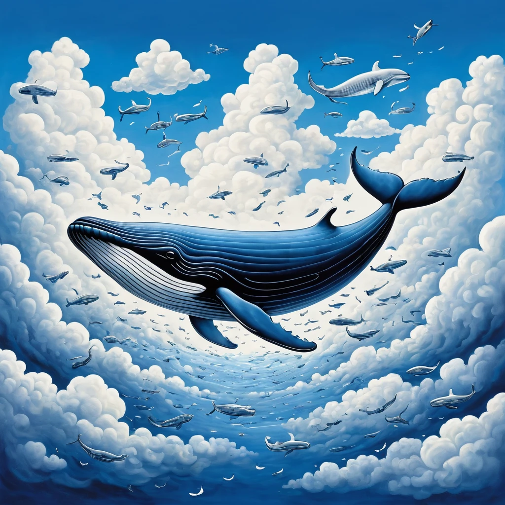 Stick figures, an whale in the blue sky, white clouds shuttling among them, surreal, shocking scenes