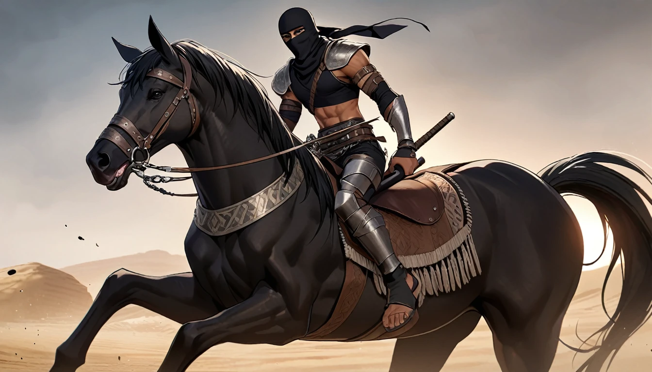 Male arab warrior, medivial, black short balaclava, black bandage, black clothes, thin waist, skinny body, femboy, light skin, makeup, black eyeliner, big eyelashes, black eyeshadow, metal choker, light tanned skin, rides a black horse