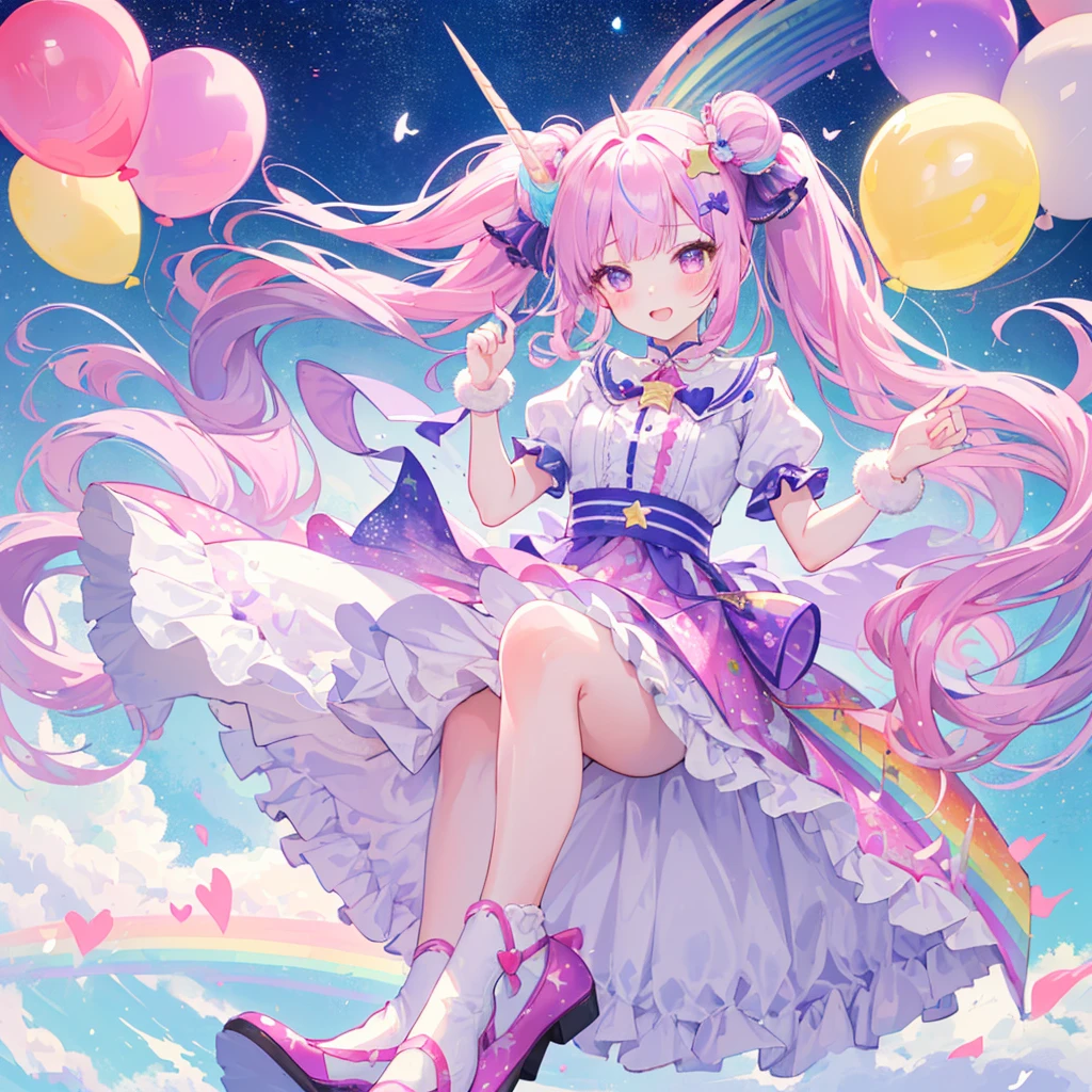 Expressive eyes, One girl, Pale skin, Long Hair, Windblown Hair, ((absurdly Long Hair)), Long Side Lock, Princess bangs, Hair bangs, Hair Bun, ((Very long twin tails)), Rainbow Hair, Light pink hair, blush, full face blush, big sparkling Pastel Purple eyes, (Gradient Eye), Laughing with your mouth open, cute pose, ((Holding a balloon : 1.3)) ((cute and pastel fashion)) ((🦄🎠🎈🎉 theme : 1.4)) A loose pastel dress, ((Dreamy multi-colored open dress)), (Floating ribbon), Lavender Frill, Pink frills, (Light blue lace), Removable short sleeves, Fluffy skirt, ((Rainbow and star printed skirt : 1.3)), ****ta Skirt, Purple ribbon, ((pom pom ribbon hair ornament : 1.4)), Multiple Bows, Striped lace stockings, (heart型のレッグガーター), cute (Pastel Purple) shoes ((Ultra-detailed clothing and fashion)) I&#39;m watching you, Vintage Girl, blush, (Beautiful attention to detail), (Highly detailed CG Unity 8k wallpaper) (Best Shadow), ((Very delicate and beautiful)), (Detailed light), ((Depth of written boundary)) Big Head, Big, bright eyes, Moe, Splash Art, Cinema Lighting, Front view, volumetric lighting maximalist photo illustration k resolution high resolution intricate detailed complex key visuals precise linear ((Dreamy pastel sky background, Surrounded by sunset clouds, shooting star, Castle above the clouds)) ((Ultra-detailed landscapes, Foggy clouds, Hung by balloons, heart : 1.3))