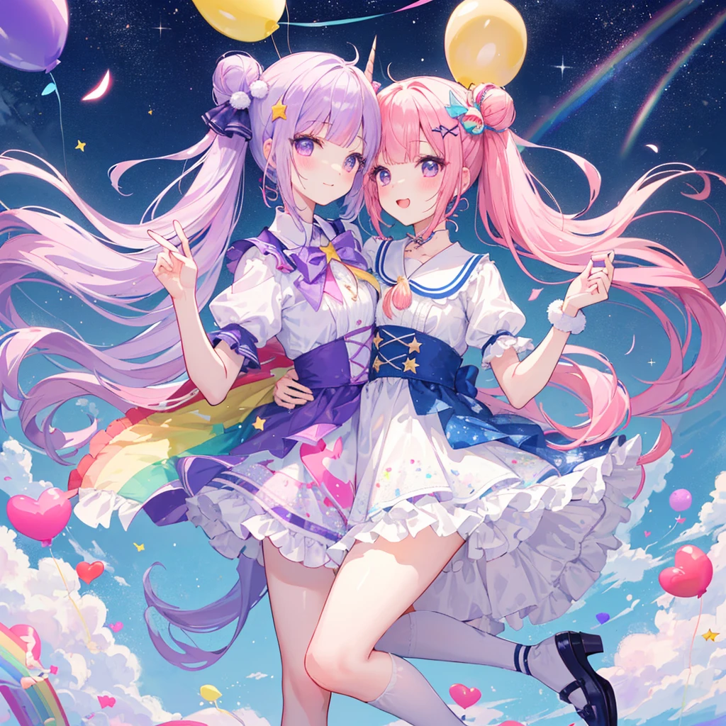 Expressive eyes, One girl, Pale skin, Long Hair, Windblown Hair, ((absurdly Long Hair)), Long Side Lock, Princess bangs, Hair bangs, Hair Bun, ((Very long twin tails)), Rainbow Hair, Light pink hair, blush, full face blush, big sparkling Pastel Purple eyes, (Gradient Eye), Laughing with your mouth open, cute pose, ((Holding a balloon : 1.3)) ((cute and pastel fashion)) ((🦄🎠🎈🎉 theme : 1.4)) A loose pastel dress, ((Dreamy multi-colored open dress)), (Floating ribbon), Lavender Frill, Pink frills, (Light blue lace), Removable short sleeves, Fluffy skirt, ((Rainbow and star printed skirt : 1.3)), ****ta Skirt, Purple ribbon, ((pom pom ribbon hair ornament : 1.4)), Multiple Bows, Striped lace stockings, (heart型のレッグガーター), cute (Pastel Purple) shoes ((Ultra-detailed clothing and fashion)) I&#39;m watching you, Vintage Girl, blush, (Beautiful attention to detail), (Highly detailed CG Unity 8k wallpaper) (Best Shadow), ((Very delicate and beautiful)), (Detailed light), ((Depth of written boundary)) Big Head, Big, bright eyes, Moe, Splash Art, Cinema Lighting, Front view, volumetric lighting maximalist photo illustration k resolution high resolution intricate detailed complex key visuals precise linear ((Dreamy pastel sky background, Surrounded by sunset clouds, shooting star, Castle above the clouds)) ((Ultra-detailed landscapes, Foggy clouds, Hung by balloons, heart : 1.3))