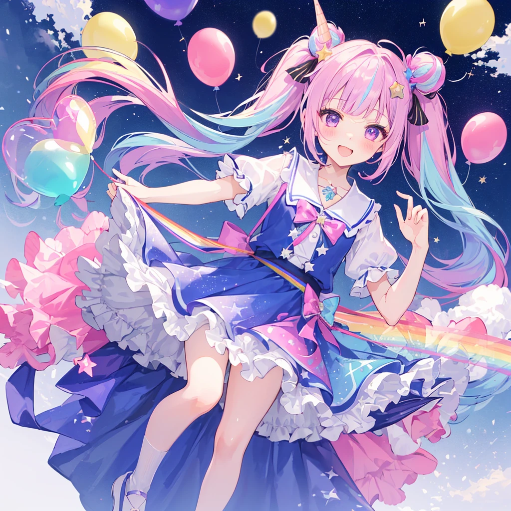 Expressive eyes, One girl, Pale skin, Long Hair, Windblown Hair, ((absurdly Long Hair)), Long Side Lock, Princess bangs, Hair bangs, Hair Bun, ((Very long twin tails)), Rainbow Hair, Light pink hair, blush, full face blush, big sparkling Pastel Purple eyes, (Gradient Eye), Laughing with your mouth open, cute pose, ((Holding a balloon : 1.3)) ((cute and pastel fashion)) ((🦄🎠🎈🎉 theme : 1.4)) A loose pastel dress, ((Dreamy multi-colored open dress)), (Floating ribbon), Lavender Frill, Pink frills, (Light blue lace), Removable short sleeves, Fluffy skirt, ((Rainbow and star printed skirt : 1.3)), ****ta Skirt, Purple ribbon, ((pom pom ribbon hair ornament : 1.4)), Multiple Bows, Striped lace stockings, (heart型のレッグガーター), cute (Pastel Purple) shoes ((Ultra-detailed clothing and fashion)) I&#39;m watching you, Vintage Girl, blush, (Beautiful attention to detail), (Highly detailed CG Unity 8k wallpaper) (Best Shadow), ((Very delicate and beautiful)), (Detailed light), ((Depth of written boundary)) Big Head, Big, bright eyes, Moe, Splash Art, Cinema Lighting, Front view, volumetric lighting maximalist photo illustration k resolution high resolution intricate detailed complex key visuals precise linear ((Dreamy pastel sky background, Surrounded by sunset clouds, shooting star, Castle above the clouds)) ((Ultra-detailed landscapes, Foggy clouds, Hung by balloons, heart : 1.3))