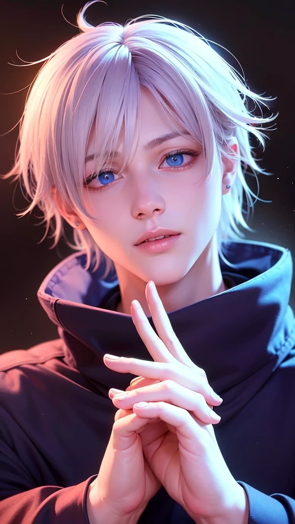 masculine male, masterpiece, ((perfect eyes)) best quality, (semirealism:1.9), beautiful lighting, (extremely detailed CG unity 4k fhd wallpaper), High Detail, Sharp focus, dramatic outdoors, 1 boy ,19 years old, white hair, light purpel eyes, smile.