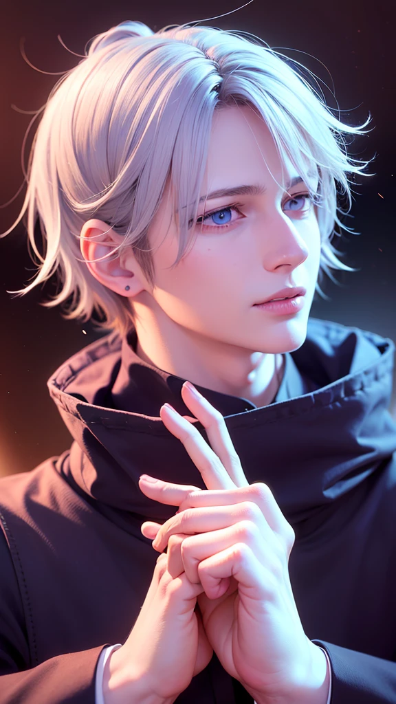 masculine male, masterpiece, ((perfect eyes)) best quality, (semirealism:1.9), beautiful lighting, (extremely detailed CG unity 4k fhd wallpaper), High Detail, Sharp focus, dramatic outdoors, 1 boy ,19 years old, white hair, light purpel eyes, smile.