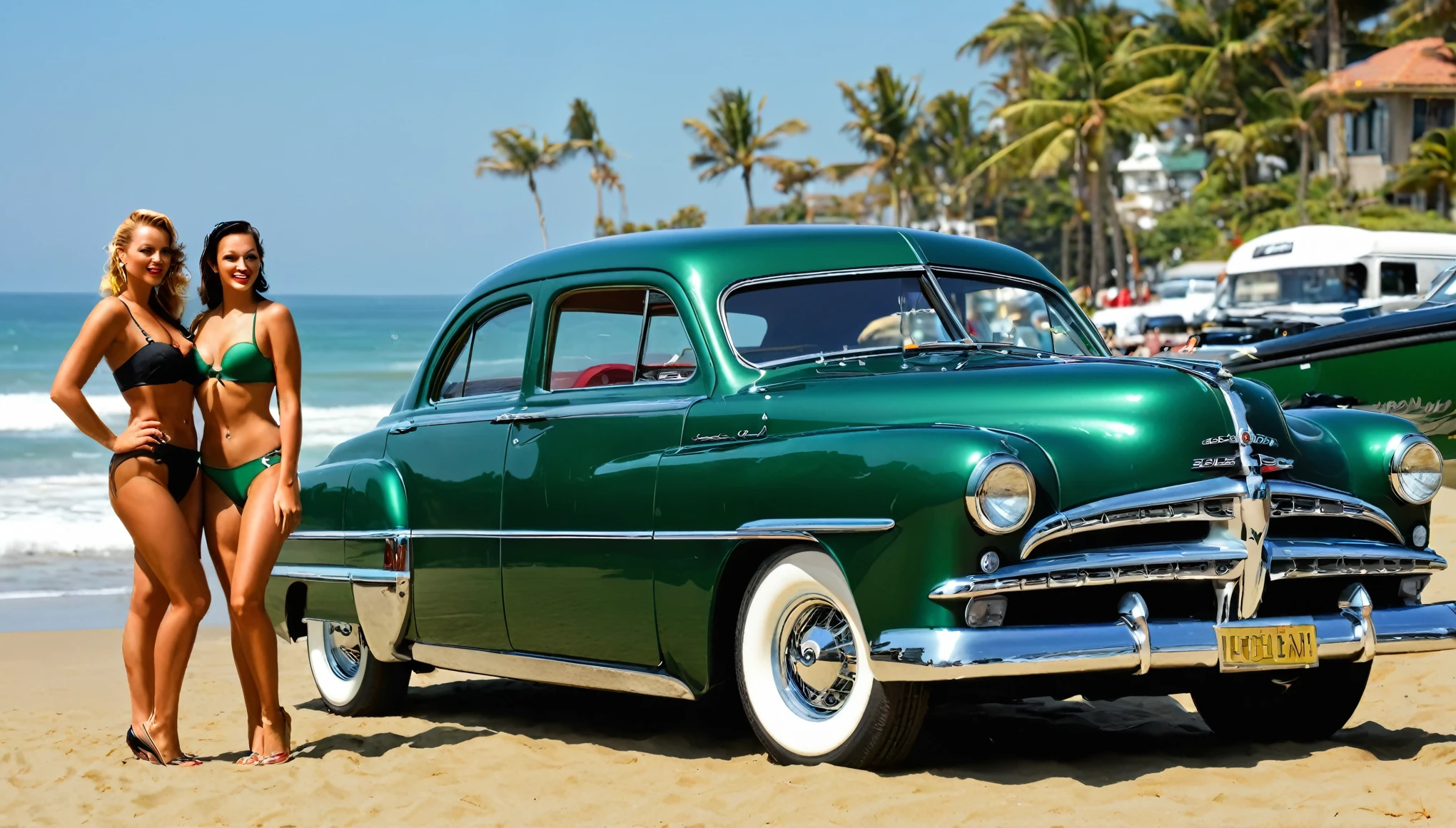 ((A realistic photo of a 1952 Dodge Kingsway Custom)),British Racing Green color with chrome mag wheels, parked at a surf beach on a summers day, best quality, very hi definition, 8k, Surfboards and bikini Girls standing next to the car, (fine detail,)