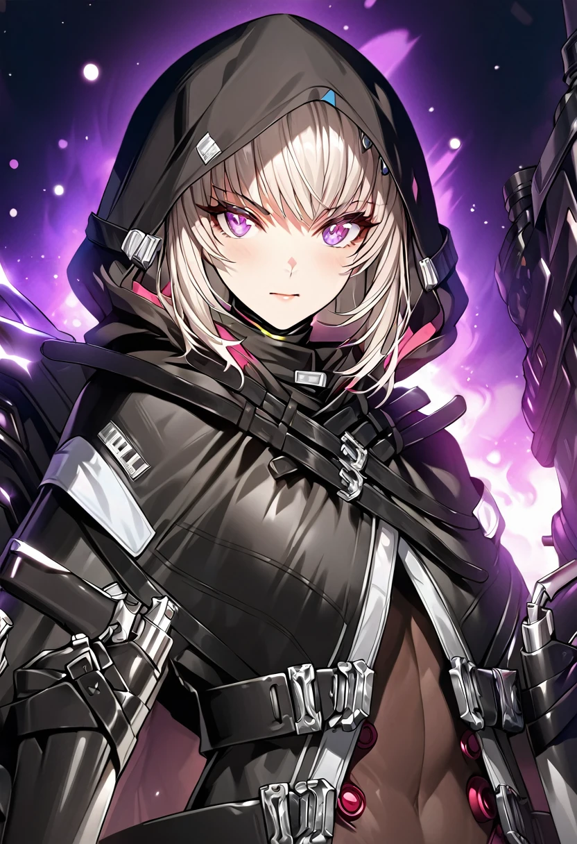 absurdres, by famous artist, exquisite, (((cowboy shot))), hood, jacket, body suit, black clothes, black wear, weapon,(((purple eyes))), masterpiece, super fine illustration, ultra high res, masterwork, best quality, cg unity 8k wallpaper, official art, ultra detailed, finely quality eyes, (((accurate face parts))), (((perfect face, perfect eyes))), ultra detailed beautiful face, ultra detailed beautiful eyes, (((clear eyes, light eyes))), (((even eyes, symmetrical eyes))), (((breasts))), gleaming skin, oil skin, shiny skin, (((black pantyhose, black tights))), beautiful and aesthetic, High quality, extremely detailed, extremely detailed cg unity 8k wallpaper, super detailed skin, hdr, highers, extremely detailed beautiful face, 16k, finely detail, Amazing, top quality, distinct image, vibrant details, professional art, finely detailed face, a face of perfect proportion, high detailed face, beautiful, extremely detailed beautiful girl, ultra detailed beautiful girls, absolutely resolution, illustration, increase cinematic lighting quality, exquisite detail, hyper detailed, high detail, (((shiny eyes))), (((beautiful eyes))), (((detailed eyes))), (((beautiful face))), (((detailed face))), 1girl, solo, Smooth and Flawless Skin, Well-Defined Facial Features, Perfectly Proportioned Face, Fine Details Texture, Graceful and Symmetrical Features, Radiant and Healthy Glow, Expressive and Captivating Eyes,