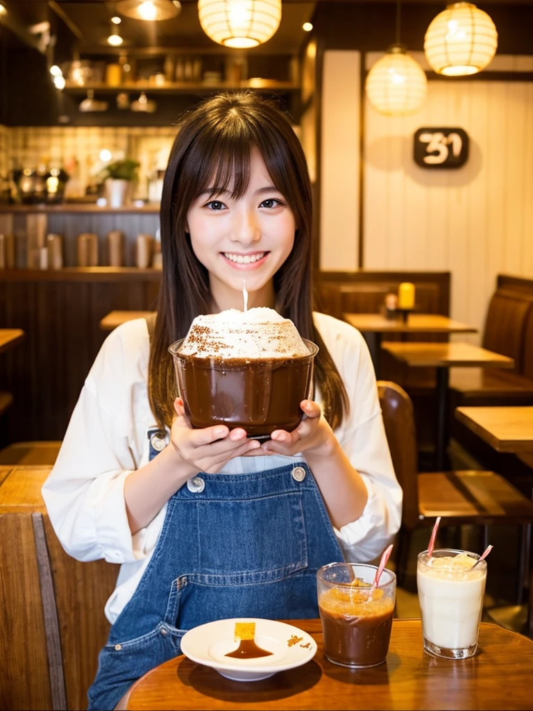 Super cute Japanese girl、Girl eating a bucket-sized pudding at a cafe、smile