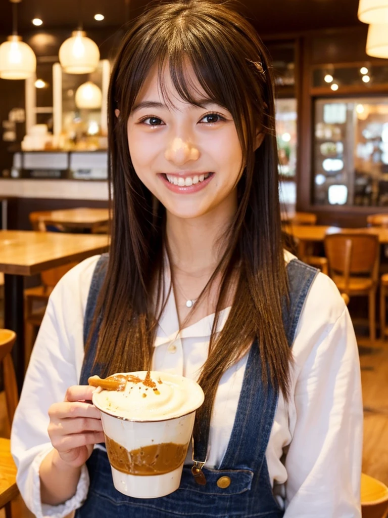Super cute Japanese girl、Girl eating a bucket-sized pudding at a cafe、smile