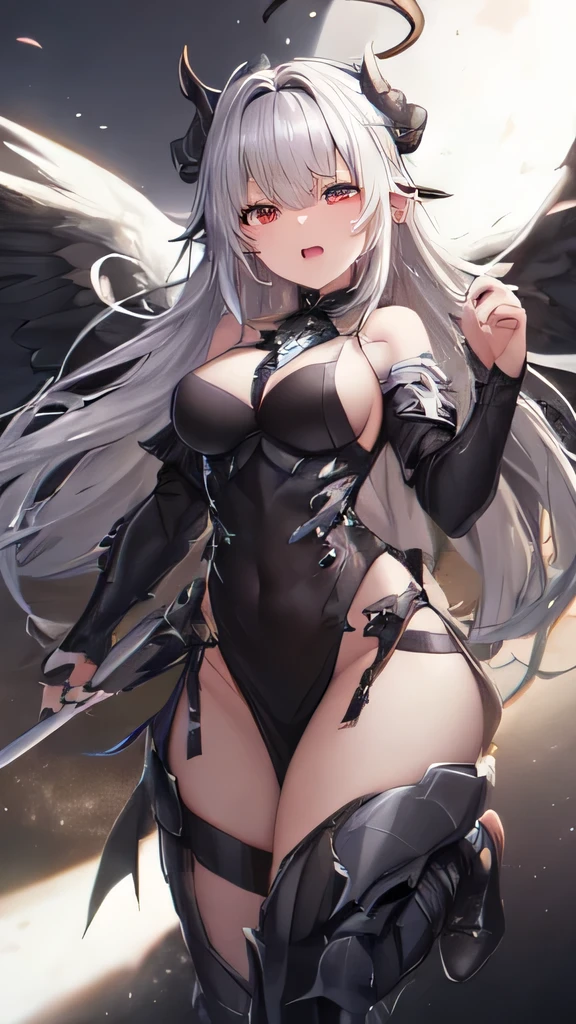 masterpiece, high quality, 4K, HDR, armored dress knight, black halo above head, black horns on head, large black tail, large black wings on back, Silver hair, intake hairstyle, blunt bangs, long hair, crimson eyes, narrowed eyes, sharp teeth, slightly pointed ears, displeased expression, slightly open mouth, low angle, full body, athletic, toned body, medium breasts