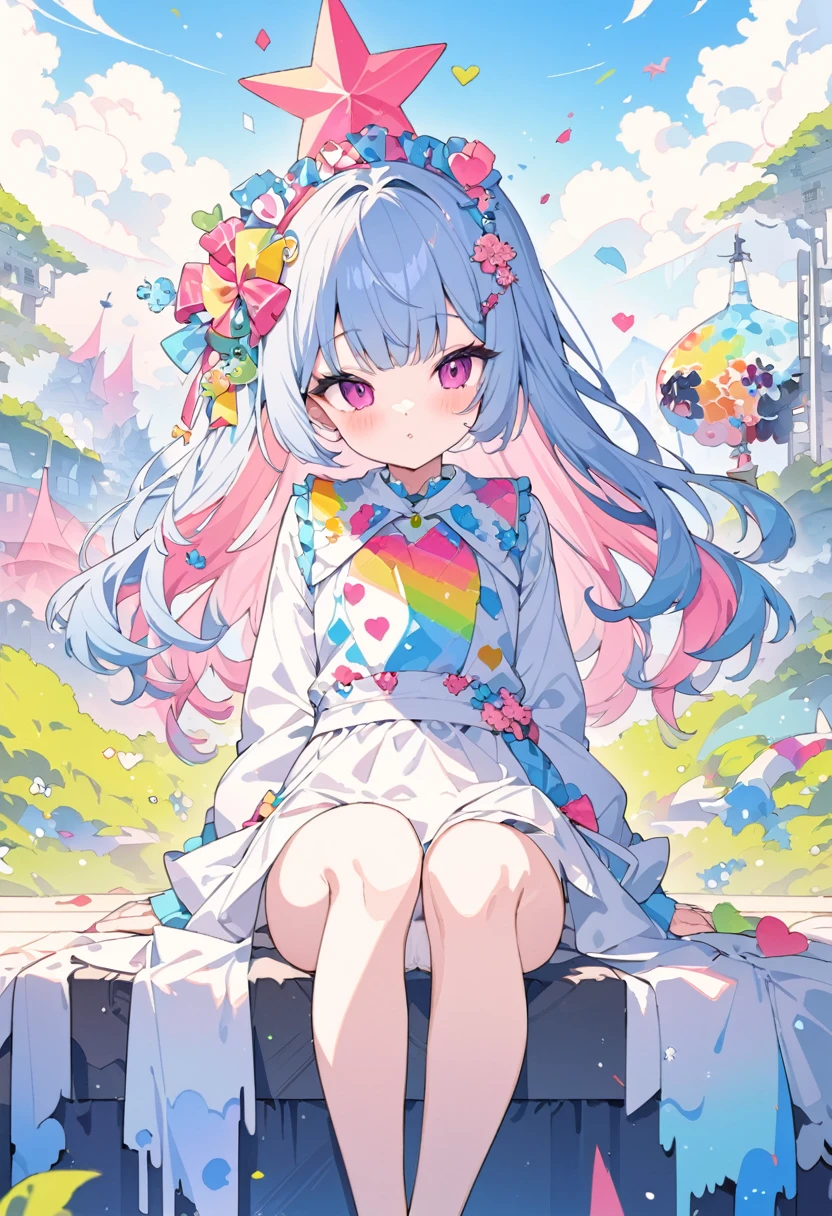 Anime style、8K quality、Intense watercolor,, Watercolor splash, Surreal, Avant-garde pop art, Beautiful and expressive paintings, Beautiful artwork illustration, Very colorful tones, wonderful, Cool Beauty, Highest quality, Stylish design, (((The most beautiful girl))), ((Thin legs))、(((Highest quality))), High resolution, ((detailed)), (((Doodle Art)), ((masterpiece)), ((Super detailed)),(((B girl fashion、Wearing underwear))),(((Sitting))),((Sexual))、(((Natural background)))