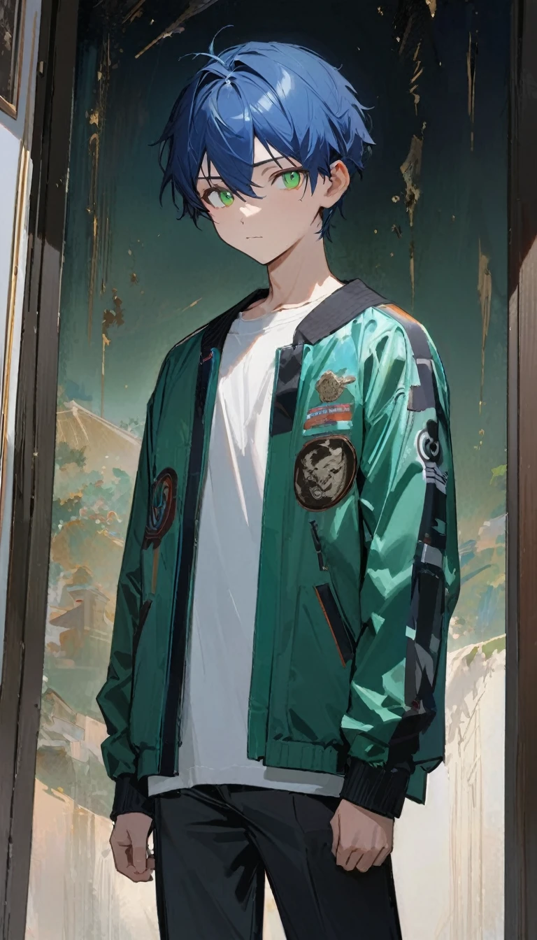 a cute boy, 30 years old, ultramarine blue hair, shorth hair, emerald green eyes, jaket, standing, no expression, night sky, work of art, best qualityer, ultra detaild, detailedeyes, cool eyes
