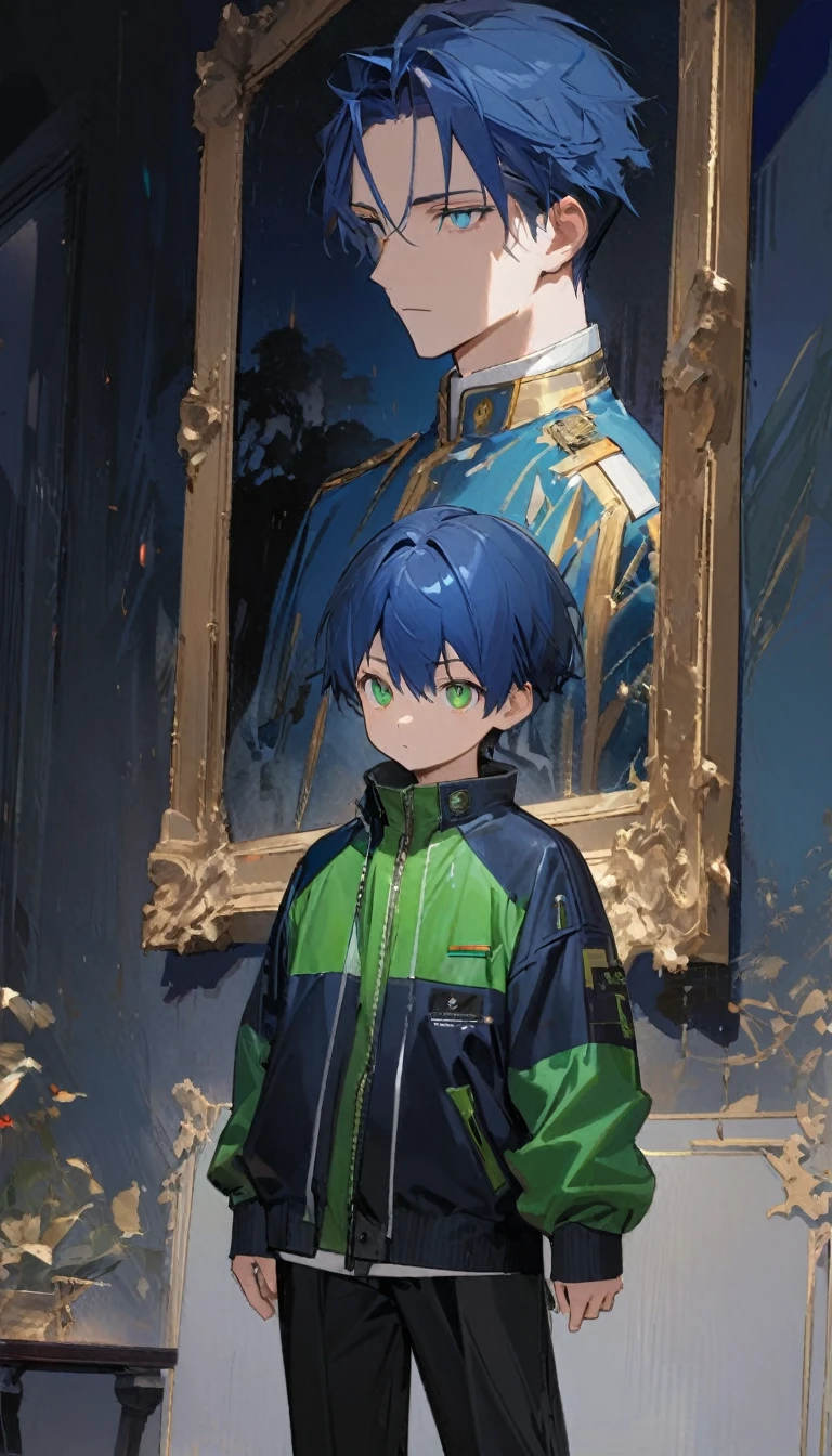 a cute little boy, 30 years old, ultramarine blue hair, shorth hair, emerald green eyes, jaket, standing, no expression, night sky, work of art, best qualityer, ultra detaild, detailedeyes, cool eyes