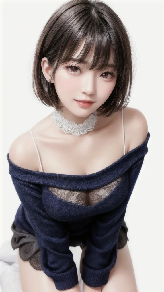  fashion trendy beautiful and attractive woman, gentle and attractive Chinese beautiful woman, Korean (kpop idol), delicate and sexy collarbone, attractive oval face, double eyelids, smart [peach] flower eyes, pink lips, small nose, bare shoulders, focus on face, [[face close-up], ultra high definition, super detail, White off-shoulder lace shirt, (((white lace panties), fresh and impressive, natural (large: 1.25), (kneel on the ground), (legs wide open), (legs spread), (from a low angle), (upright 1.5), (shiny skin: 1.4), (low angle)), perfect figure, areola, cleavage, armpit wrinkles), (NSFW: 1.05), ( Showpiece, top quality, high precision)), one girl, (big, photorealistic: 1.4), (slightly above the camera, looking up at the camera, looking up, looking up at the camera, staring at the camera))), solo, solo, white background, snow-white background, mouth closed, happy smile, pretty black hair, ponytail hairstyle, big eyes, pronounced double eyelids, eyelashes, ears out, long neck, long neck, Absolute area, ((close-up of face, short hair with bangs)), 19 years old, attractive proportions, shiny skin, clean collarbone, golden ratio face, perfect face, teardrop mole, chest mole, bangs, clean bangs, beautiful bangs, lip gloss, thin lips, white skin, undressed, big breasts, small face, staring at the camera a little upwards, ((smiling a little at the camera, really nothing pure white background, very big, big big, big breasts)), ((((uniform, shirt)))), exposed shoulders, exposed waist, exposed thighs