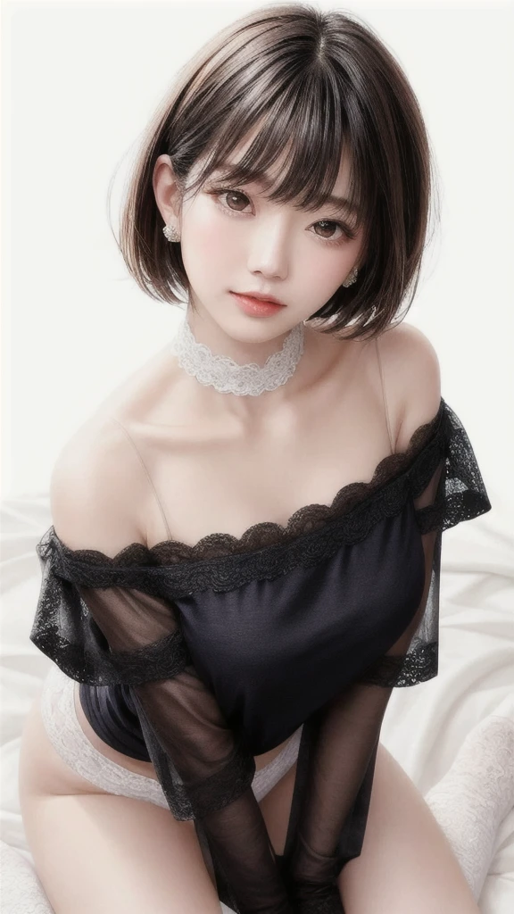  fashion trendy beautiful and attractive woman, gentle and attractive Chinese beautiful woman, Korean (kpop idol), delicate and sexy collarbone, attractive oval face, double eyelids, smart [peach] flower eyes, pink lips, small nose, bare shoulders, focus on face, [[face close-up], ultra high definition, super detail, White off-shoulder lace shirt, (((white lace panties), fresh and impressive, natural (large: 1.25), (kneel on the ground), (legs wide open), (legs spread), (from a low angle), (upright 1.5), (shiny skin: 1.4), (low angle)), perfect figure, areola, cleavage, armpit wrinkles), (NSFW: 1.05), ( Showpiece, top quality, high precision)), one girl, (big, photorealistic: 1.4), (slightly above the camera, looking up at the camera, looking up, looking up at the camera, staring at the camera))), solo, solo, white background, snow-white background, mouth closed, happy smile, pretty black hair, ponytail hairstyle, big eyes, pronounced double eyelids, eyelashes, ears out, long neck, long neck, Absolute area, ((close-up of face, short hair with bangs)), 19 years old, attractive proportions, shiny skin, clean collarbone, golden ratio face, perfect face, teardrop mole, chest mole, bangs, clean bangs, beautiful bangs, lip gloss, thin lips, white skin, undressed, big breasts, small face, staring at the camera a little upwards, ((smiling a little at the camera, really nothing pure white background, very big, big big, big breasts)), ((((uniform, shirt)))), exposed shoulders, exposed waist, exposed thighs