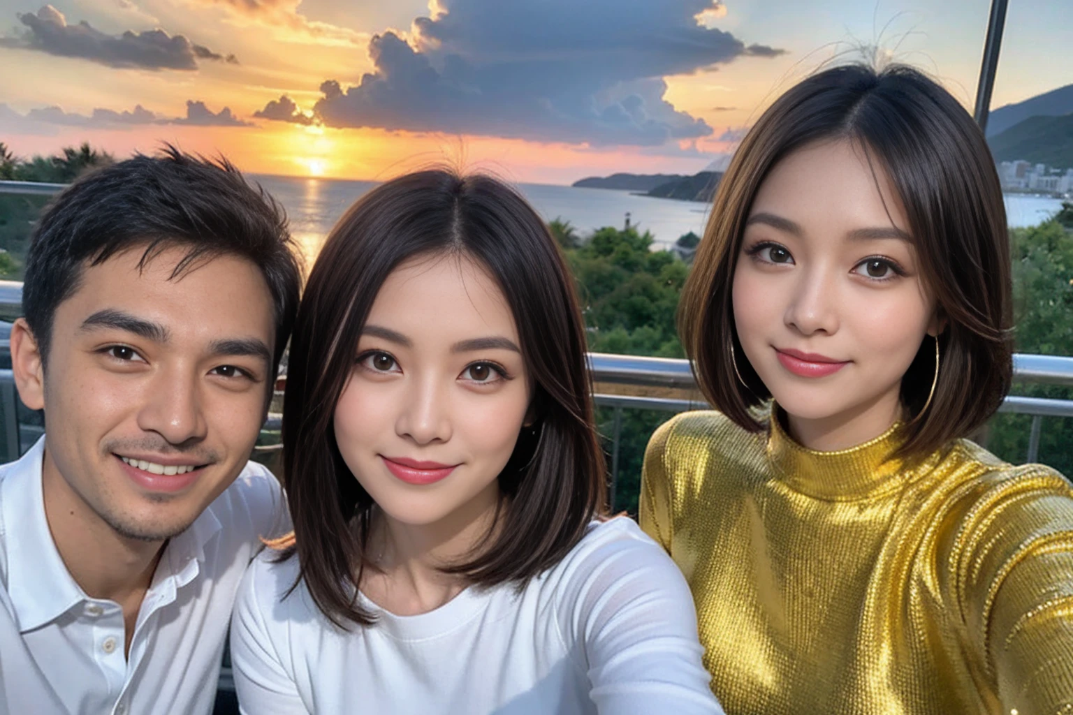 （Realistic:1.2）,(masterpiece,Highest quality)，8k,((2人のwoman)),Age 35,37 years old、Happy Couple、Wine Party、wine glass、White wine、sparkling wine、red wine、最高なsmile、Upper Body、Tight waist,Perfect Anatomy, Brown Hair, short hair,Random Hairstyles,Amazing view of the sunset sky and clouds、Long sleeve shirt、dress,((Highly detailed face and eyes:1.2))(Cute Face:1.4)，Beautiful actress face，Perfect golden ratio face，woman&#39;suit、Nice,(smile:1.2)、
