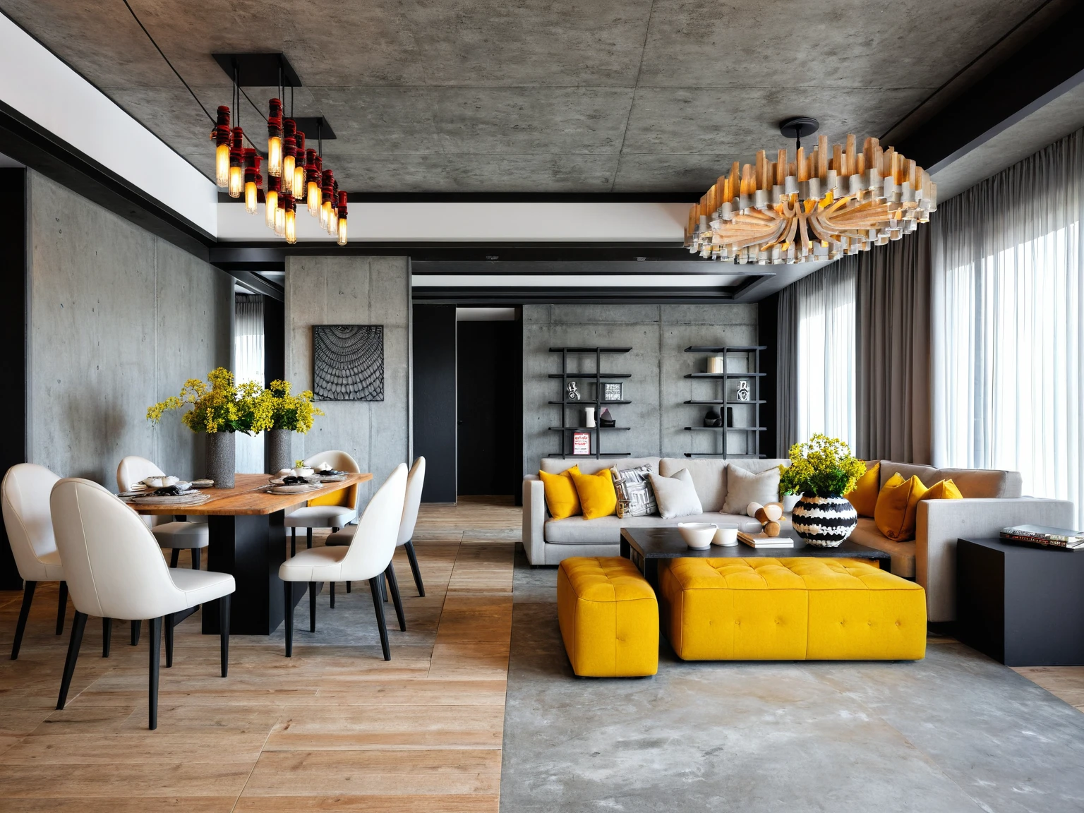Raw photo, Masterpiece, high quality, best quality, authentic, super detail,
Industrial,
Draws inspiration from raw, unfinished spaces like warehouses or lofts, Exposed brick walls, metal accents, and statement lighting create a dramatic and edgy feel,
This style thrives on a cool and neutral palette with grays, blacks, and browns forming the foundation, Pops of color can be introduced with pops of red, yellow, or turquoise for a touch of vibrancy, Reclaimed wood and concrete accents further enhance the industrial aesthetic,