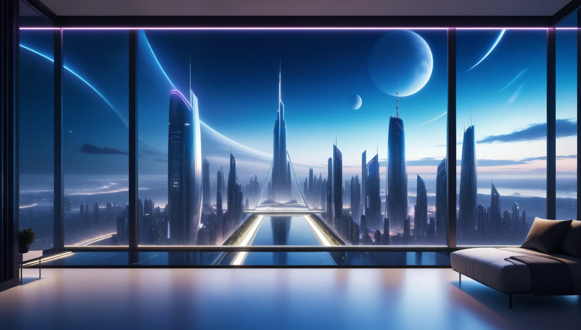 at night, front view of a futuristic city landscape out of a large window in a futuristic luxury apartment with a beautiful sky