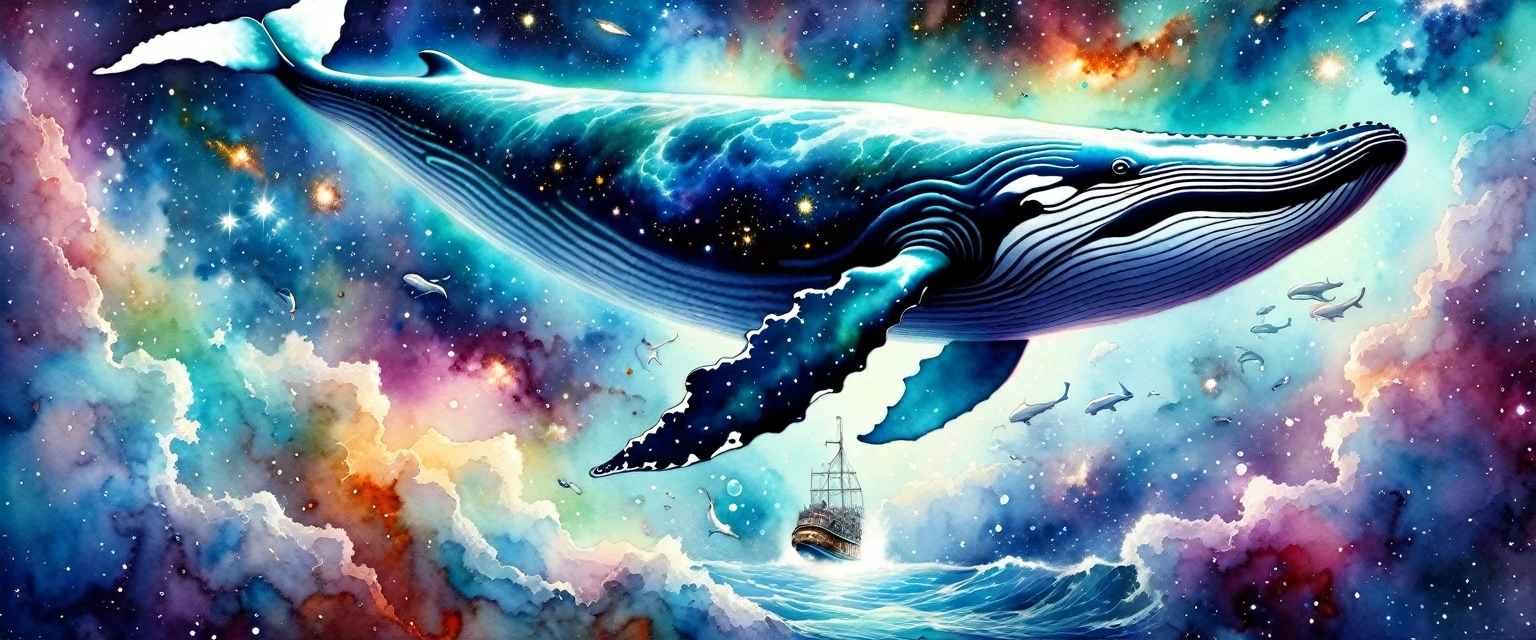 (Flying Whale,on space), Nebula(Art by Slawomir-Maniak), Lush watercolor palette canvas/acrylic, Intricate, Extreme detailing, Complex key, ((Single Shot)), ((Best Quality)), ((Masterpiece)) , ( (Realistic)), (IDEAL), 8K, impressionism: 0.2 Обои Full HD