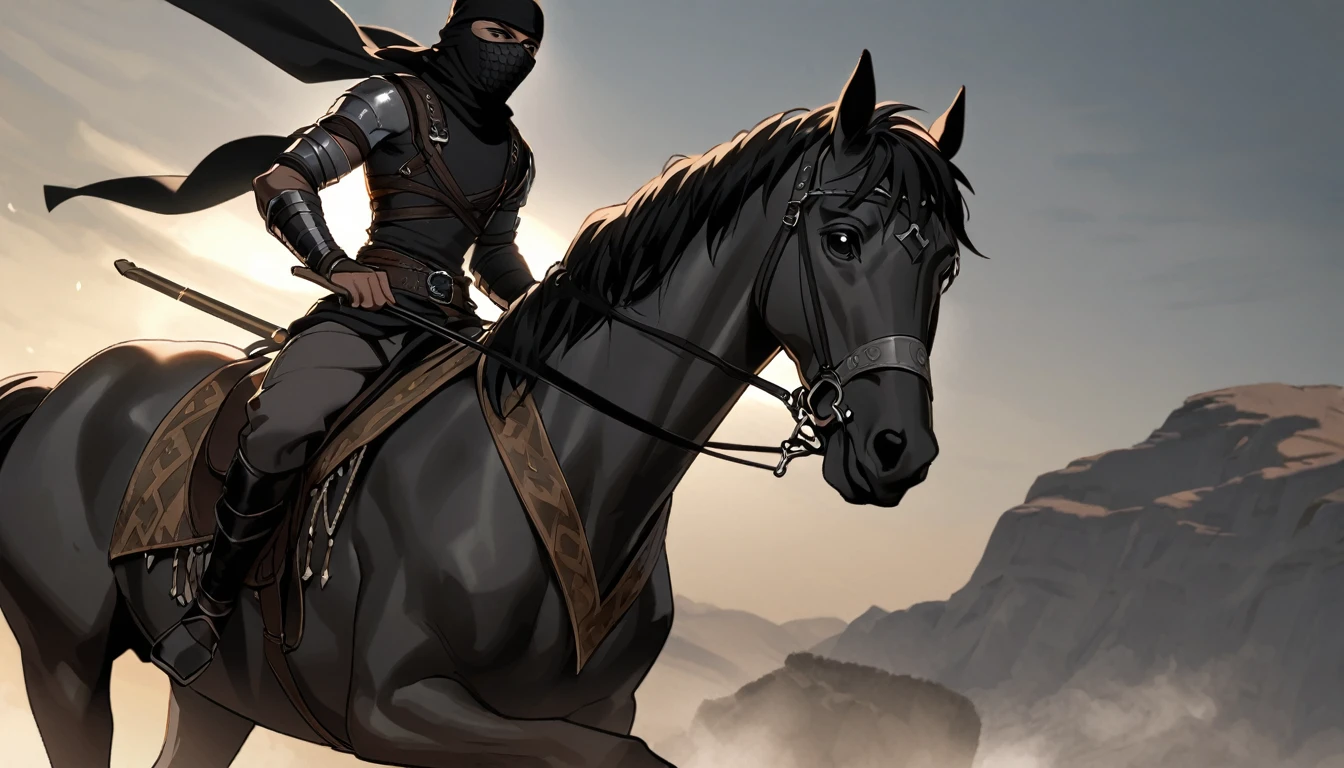 Male arab warrior, medivial, black short balaclava, black bandage, black clothes, thin waist, skinny body, femboy, light skin, makeup, black eyeliner, big eyelashes, black eyeshadow, metal choker,  light tanned skin, rides a black horse