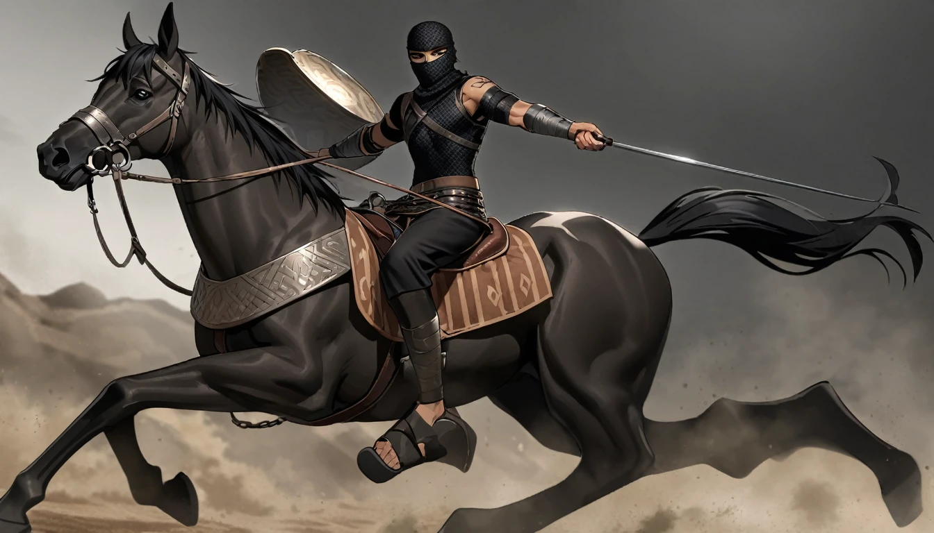 Male arab warrior, medivial, black short balaclava, black bandage, black clothes, thin waist, skinny body, femboy, light skin, makeup, black eyeliner, big eyelashes, black eyeshadow, metal choker, light tanned skin, rides a black horse