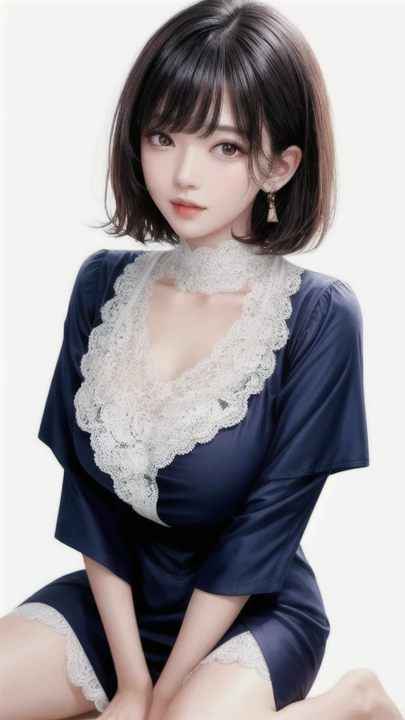  fashion trendy beautiful and attractive woman, gentle and attractive Chinese beautiful woman, Korean (kpop idol), delicate and sexy collarbone, attractive oval face, double eyelids, smart [peach] flower eyes, pink lips, small nose, bare shoulders, focus on face, [[face close-up], ultra high definition, super detail, White off-shoulder lace shirt, (((white lace panties), fresh and impressive, natural (large: 1.25), (kneel on the ground), (legs wide open), (legs spread), (from a low angle), (upright 1.5), (shiny skin: 1.4), (low angle)), perfect figure, areola, cleavage, armpit wrinkles), (NSFW: 1.05), ( Showpiece, top quality, high precision)), one girl, (big, photorealistic: 1.4), (slightly above the camera, looking up at the camera, looking up, looking up at the camera, staring at the camera))), solo, solo, white background, snow-white background, mouth closed, happy smile, pretty black hair, Wavy curly hair, big eyes, pronounced double eyelids, eyelashes, ears out, long neck, long neck, Absolute area, ((close-up of face, short hair with bangs)), 19 years old, attractive proportions, shiny skin, clean collarbone, golden ratio face, perfect face, teardrop mole, chest mole, bangs, clean bangs, beautiful bangs, lip gloss, thin lips, white skin, undressed, big breasts, small face, staring at the camera a little upwards, ((smiling a little at the camera, really nothing pure white background, very big, big big, big breasts)), ((((uniform, shirt)))), exposed shoulders, exposed waist, exposed thighs