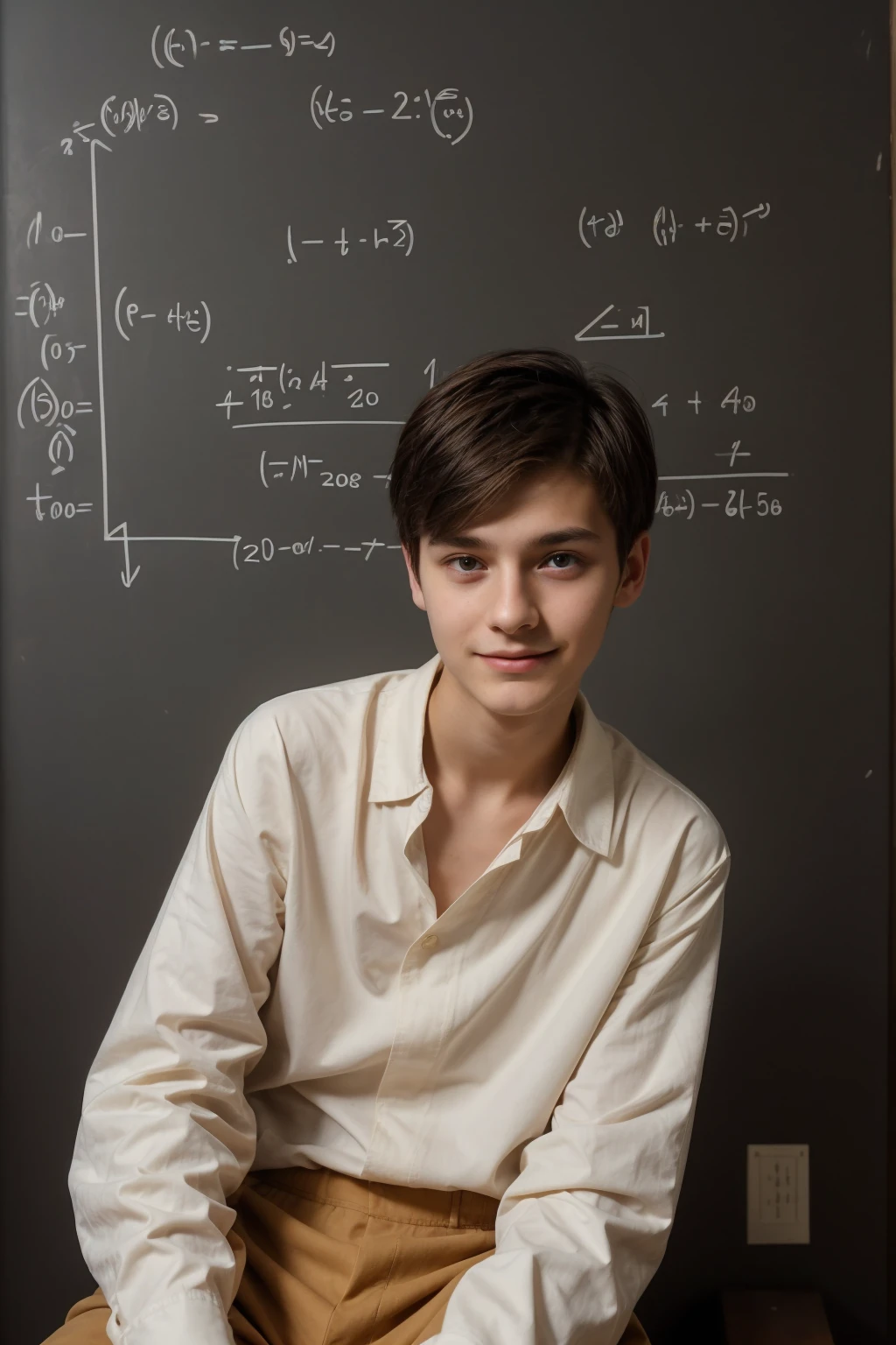 A young male twink, 22 years old, with a cute, angelic face and black hair, wearing a luxurious, long-sleeved, white shirt and brown medieval pants. Behind him is a blackboard with mathematical equations written on it, and he looks proudly as he sits at a desk with medical tools on it.