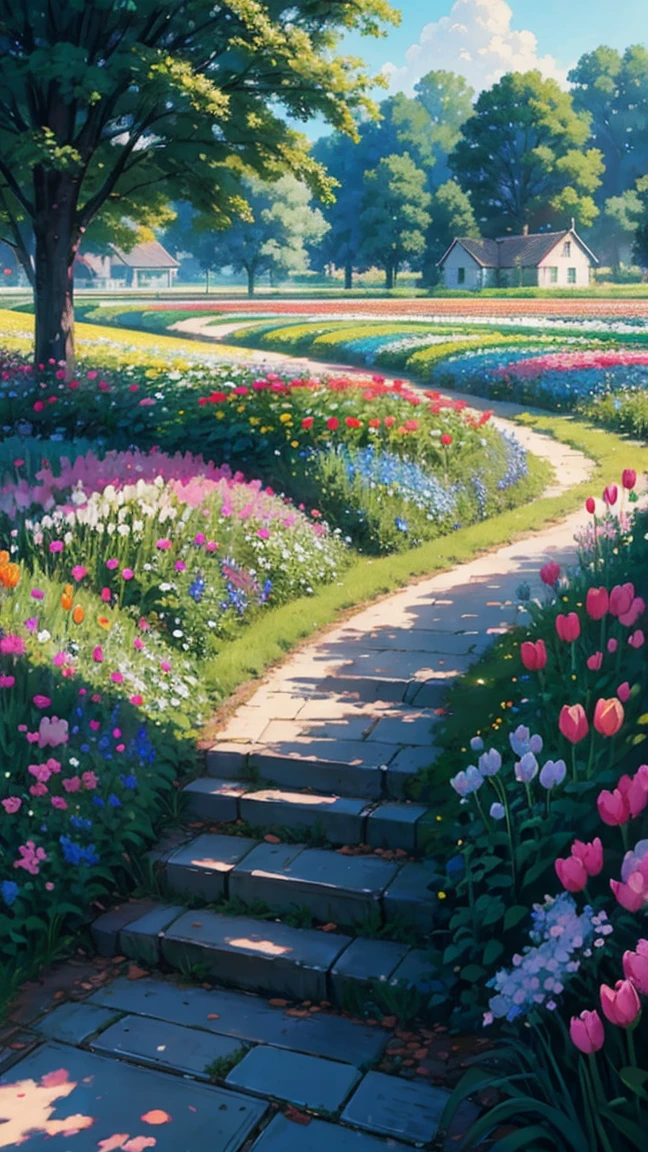 painting of a flowers field with a pink bicycle with a basket full of flowers, roses and Tulips, Cute style garden, Tulips, Beautiful garden, bicycle, beautiful flower, Dutch style, bicycle in background, blue sky, scenery, spring theme, Lo-Fi, Lofi Art Style, Made of flowers, Lush outdoor flowers, Platonic ideals of flowers, cottagecore garden, Whimsical and cute, Flowers are blooming everywhere, Spring season, garden, 4K Professional Painting, game, Detailed Key Anime Art, An illustration, 美しいアートワークのAn illustration, Beautiful digital painting, Highly detailed digital painting, Beautiful digital art, Detailed painting 4k, Highly detailed digital painting, Rich, picturesque colors, Gorgeous digital painting