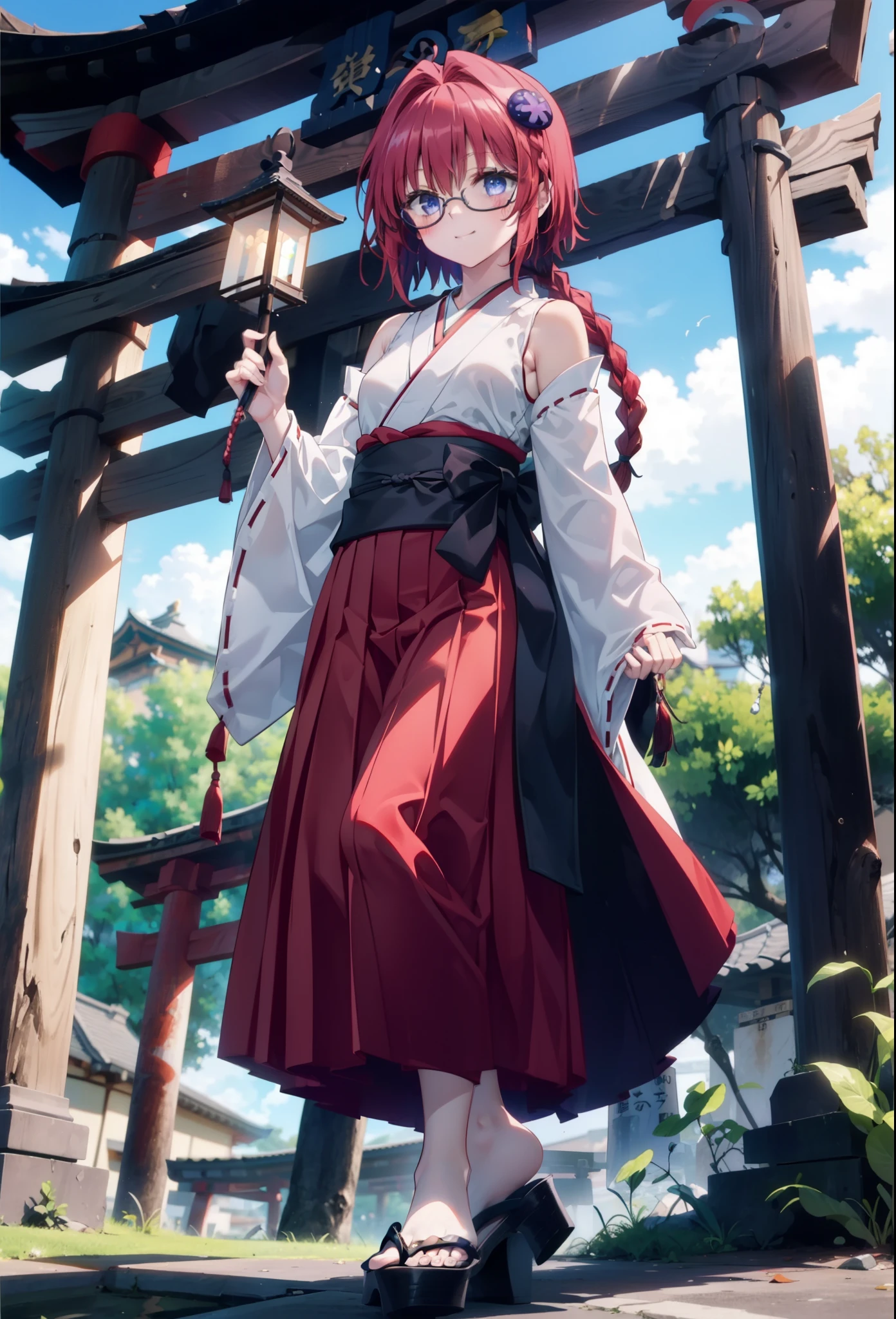 Meia Kurosaki,Meia Kurosaki,Redhead,Long Hair,Long braids,Purple eyes,Glasses, (Small breasts:1.2),Shrine maiden, 白いkimono, kimono, As with the skirt, Wide sleeves, Long sleeve, Red too,Long skirt,White tabi,Sandals,smile,blush,Sleeves edged with ribbon, whole bodyがイラストに入るように,
break looking at viewer,whole body,
break outdoors, shrine,torii,
break (masterpiece:1.2), Highest quality, High resolution, unity 8k wallpaper, (shape:0.8), (Beautiful attention to detail:1.6), Highly detailed face, Perfect lighting, Extremely detailed CG, (Perfect hands, Perfect Anatomy),