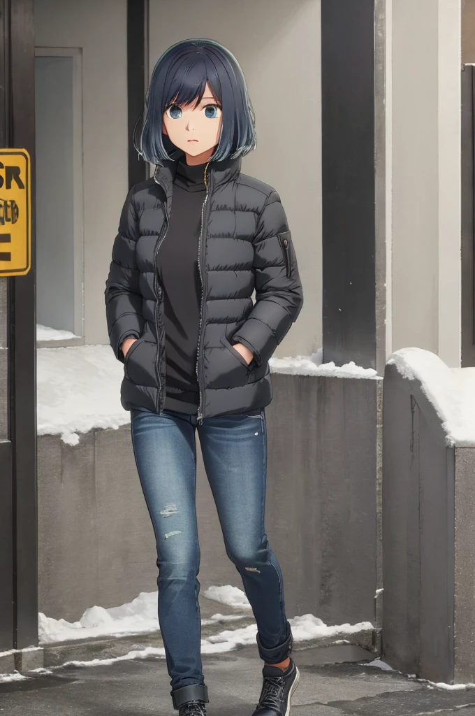 girl, jeans, black puffer jacket, street, walk, snow