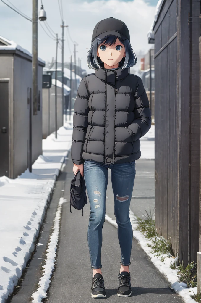 girl, jeans, black puffer jacket, street, walk, snow
