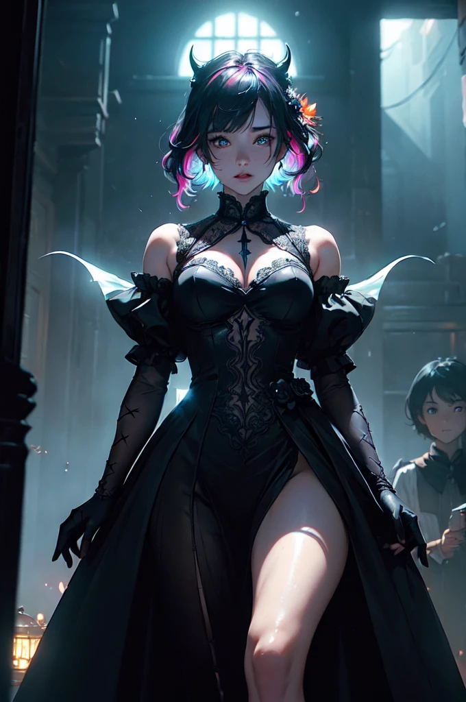 illustration, an extremely delicate and beautiful, extremely detailed, Amazing, finely detail, official art, extremely detailed CG unity 8k wallpaper, absurdres, incredibly absurdres, huge filesize, ultra-detailed, highres, beautiful detailed body, seriously, (extremely beautiful detailed eyes and face):1.5, light on face, cinematic lighting, ((best quality)), ((masterpiece)), Recommended results, (see through:1.5), professional artwork, famous artwork, gothgirl solo as raven , muscular, wide hips, large breasts,, leotard, full-body angle, dark atmosphere, grey skin, purple hair, forehead jewel, cape,black leather thigh boots