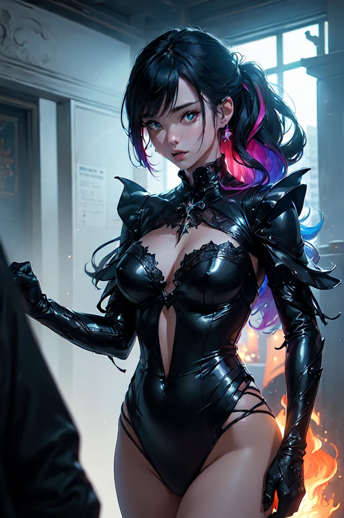 highres, masterpiece, perfect lighting, bloom, cinematic lighting, adult, female, looking at viewer, cowboy shot, (RSEEmma:1.5)<lora:RSERomantic_RSESofiko_RSEEmma-v1:0.3>, goth girl, goth makeup, pale skin, bangs, short hair, jet black hair, purple eyes, scowl, <lora:Zinnia:0.8> <lora:weight_slider_v2:-0.5>