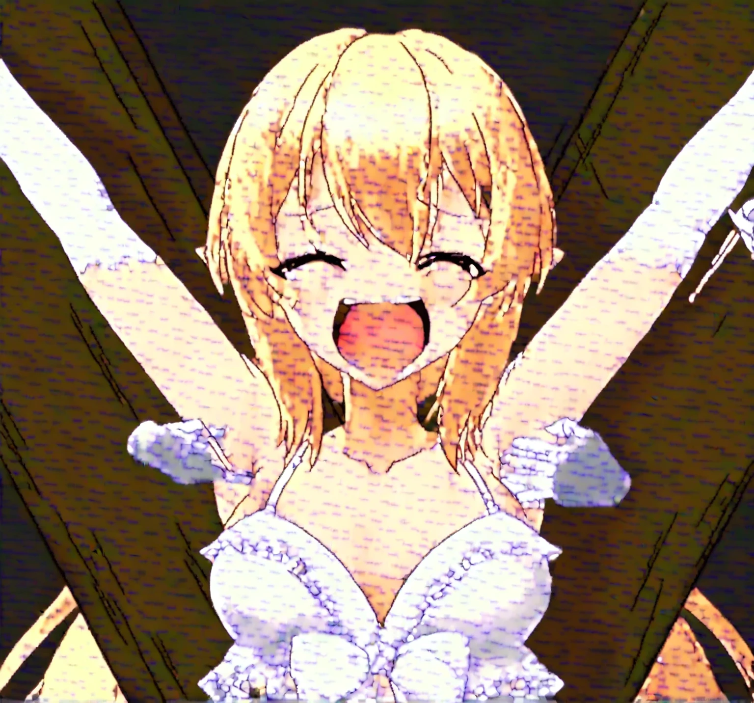 charlotte dunois, long hair, blonde hair, ribbon, purple eyes, ponytail, hair ribbon,, large breasts, live stage, solo,, large Breasts, nsfw, nipple, naked, empty eyes ,, (Sweating profusely, Love juice, Wet Woman, female ejaculation), , crying ,crying, Naked, , (1girl) solo, Peeing, lactation, projectile lactation