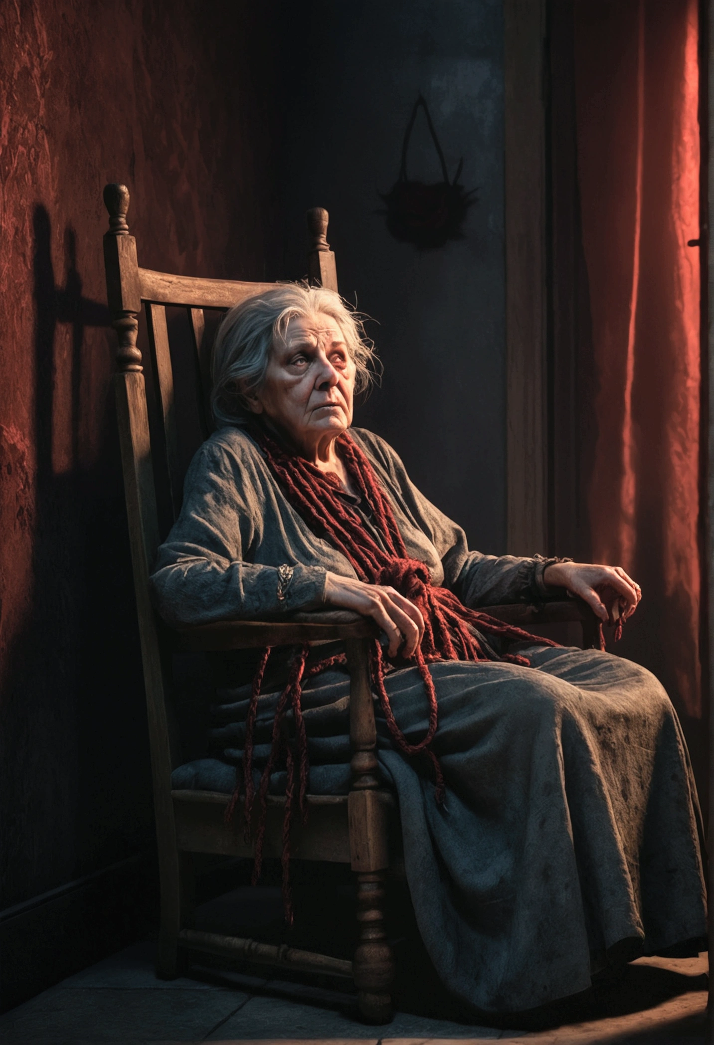 a sleepy old woman,ugly granny,sleeping on a chair tied with rrope,looks like dead,very scary room,dark and red lighting and evil faces around ghosts and demons,horror atmosphere,highly detailed,octane render,cinematic lighting,dramatic chiaroscuro,moody colors,muted tones,gloomy,creepy,unsettling,unnerving,disturbing,eerie,spooky,sinister,ghastly,ghoulish,macabre,haunting,ominous,foreboding,unsettling,unnerving,nightmarish,visceral,gritty,realistic,photorealistic,hyper detailed,masterpiece,best quality,8k,ultra-detailed,physically-based rendering,extreme detail description,professional,vivid colors,HDR,UHD,studio lighting,sharp focus,bokeh