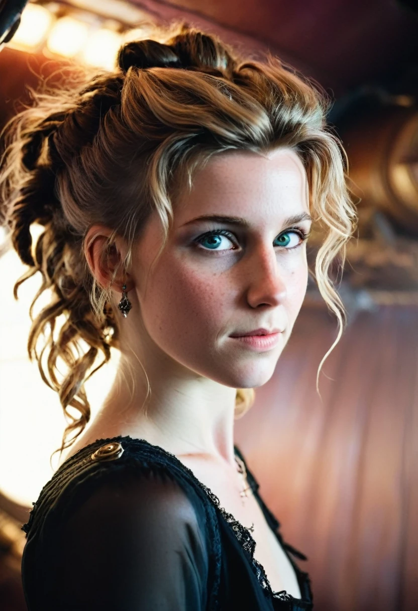 (editorial photography of Aerith Gainsborough), (highly detailed face:1.4), no close-up, (smile:0.4), (background inside dark, moody, private:1.3), steampunk pirate's airship, nikon d850, stock photography, kodak portra 400 film ,camera f1.6 lens, bokeh, analog style, rich colors, hyper realistic, lifelike texture, dramatic lighting, cinestill 800, messy hair, serious, (freckles:0.4), pale skin, cute sexy