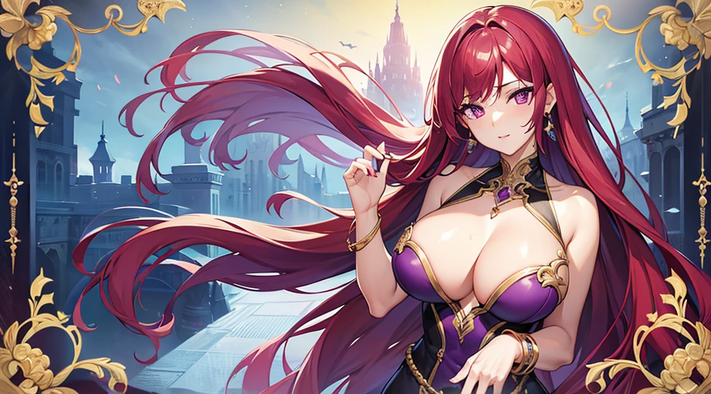 Highest quality, masterpiece, figure, wallpaper,One woman, Beautiful detailed woman, Highly detailed eyes and face, Beautiful attention to detail, Shine, View your viewers, Purple Eyes,,Bright Red Hair ,crisp finger, clear background, deep night、Big earrings、bracelet,28 years old,Are standing,Slim body