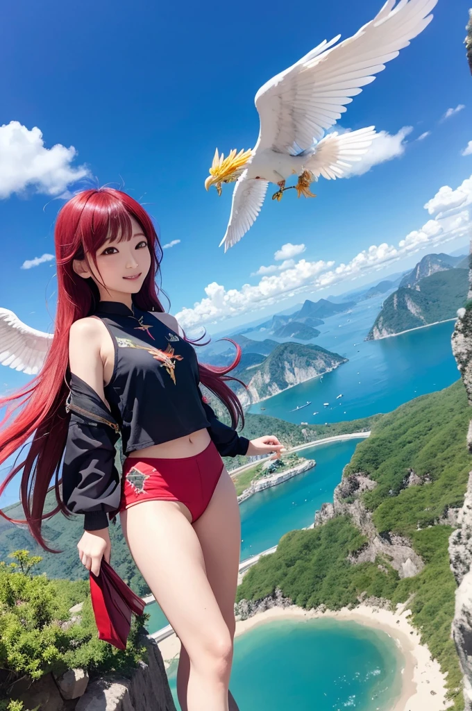 Crystal Phoenix flying in the sky with awesome scenery and sweet asian girl lulu watching