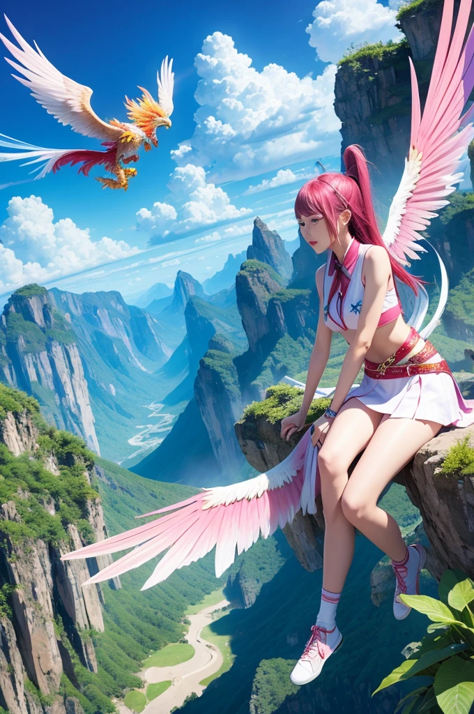 Crystal Phoenix flying in the sky with awesome scenery and sweet asian girl lulu watching