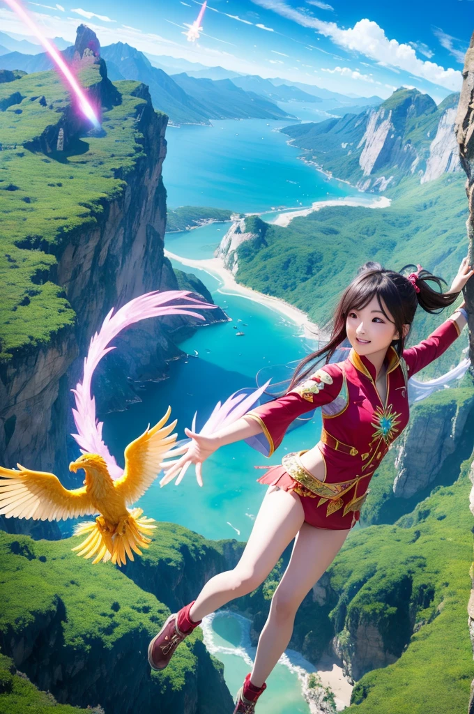 Crystal Phoenix flying in the sky with awesome scenery and sweet asian girl lulu watching