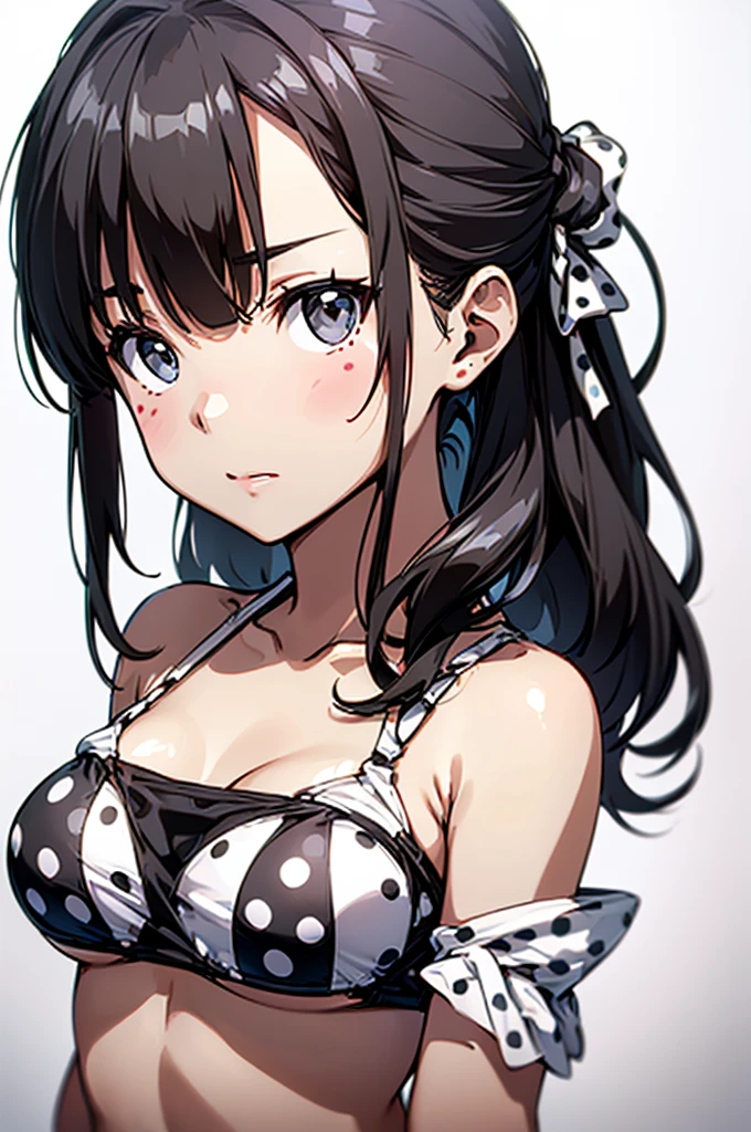 (Highest quality, 8k, Oil, Tabletop:1.2), Very detailed, (Realistic, Realistic:1.37), (((Bust Shot)))、(((Black Hair)))、(((White Bikini)))、(((Upper Body Shot)))、(((Polka dot bikini)))、(((２０ある年齢のwoman)))、(((Tiny Micro Bikini)))、 (((Black Hairの)))、(((Semi-long hair)))、((( White Background)))、(((Her hair is tied up on the side)))、(((大きなPolka dot bikini)))、(((In front of a white wall)))、(((青いPolka dot bikini)))、Triangle Bikini、(((There&#39;There&#39;s nothing in my head)))、(((Please smile and show me your white teeth)))、(((Raise your index finger)))、(((Sexy Looks)))、woman&#39;Face、(((Huge breasts:1.2)))